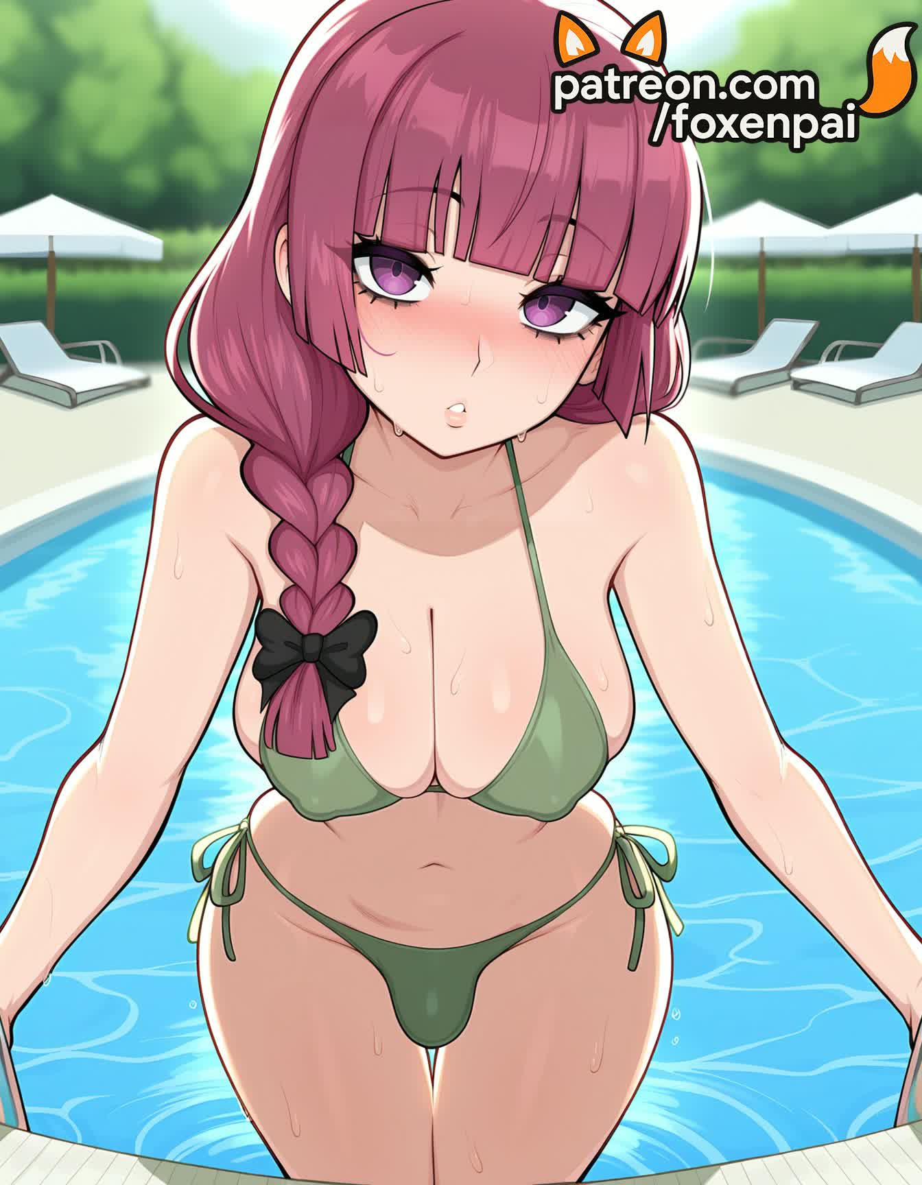 1futa, 2025, ai generated, artist name, bangs, beach, bikini, blunt bangs, bocchi the rock!, braid, breasts, bulge, bust, chest, foxenpai, futanari, green bikini, hi res, high quality, high resolution, highres, hiroi kikuri, intersex, long hair, ocean, patreon, patreon username, pool, pool ladder, poolside, purple eyes, side-tie bikini, side-tie panties, solo, stable diffusion, swimsuit, water, watermark, wet