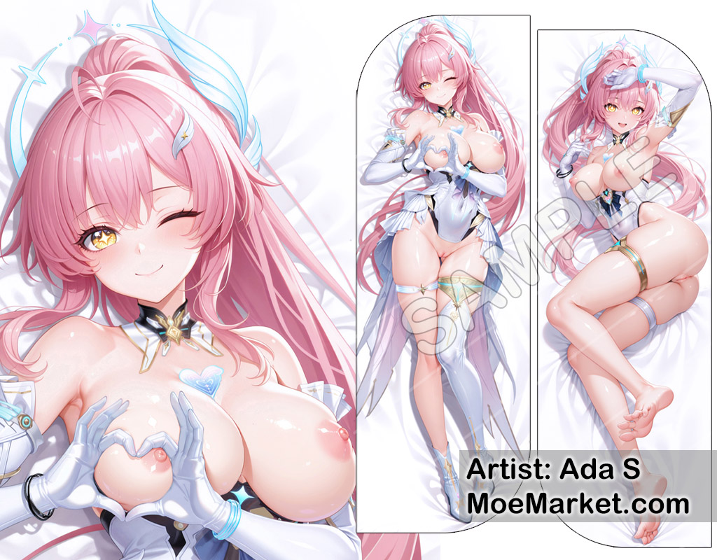 aemeath (wuthering waves), barefoot, dakimakura, dakimakura design, heart hands, looking at viewer, moemarket, pink hair, thigh strap, thighs, wuthering waves, yellow eyes