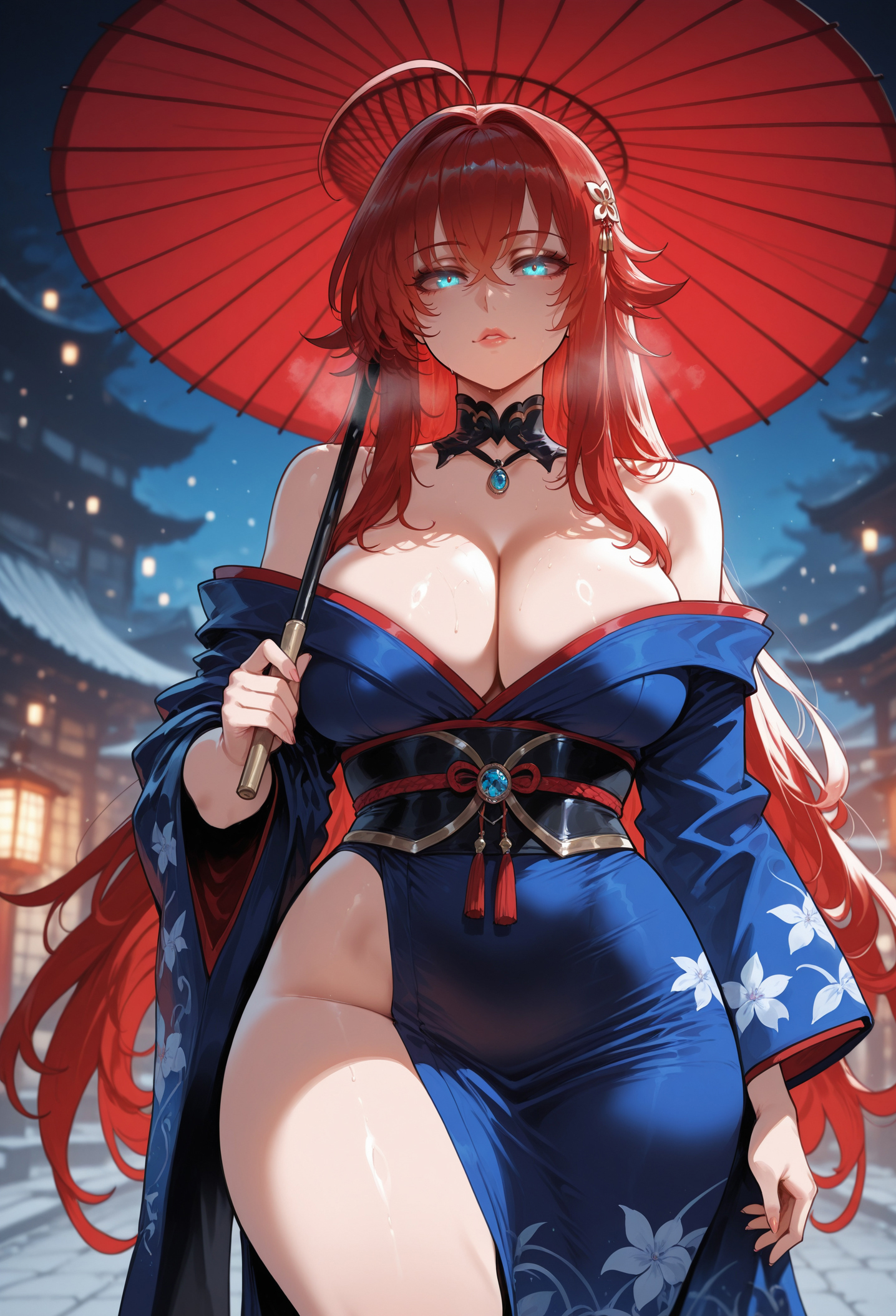 1girls, ahoge, ai generated, alternate costume, architecture, bangs, bare shoulders, big breasts, blue eyes, blue kimono, blush, breasts, breath, cleavage, clothing, crossed bangs, curvaceous, curvaceous female, curvaceous figure, curvy, curvy figure, detached collar, east asian architecture, female, female focus, female only, floral print, gem, glowing eyes, hair between eyes, hair ornament, high school dxd, holding, holding umbrella, huge ahoge, huge breasts, japanese clothes, jewelry, kimono, large breasts, light-skinned female, lips, long hair, long sleeves, looking at viewer, miyuai, night, night sky, obi, off shoulder, oil-paper umbrella, outdoors, print kimono, red hair, red umbrella, rias gremory, robe, sash, side slit, sky, solo, standing, symbol-shaped pupils, thick thighs, thighs, traditional clothes, umbrella, very long hair, voluptuous, voluptuous female, wafuku, wide hips, wide sleeves