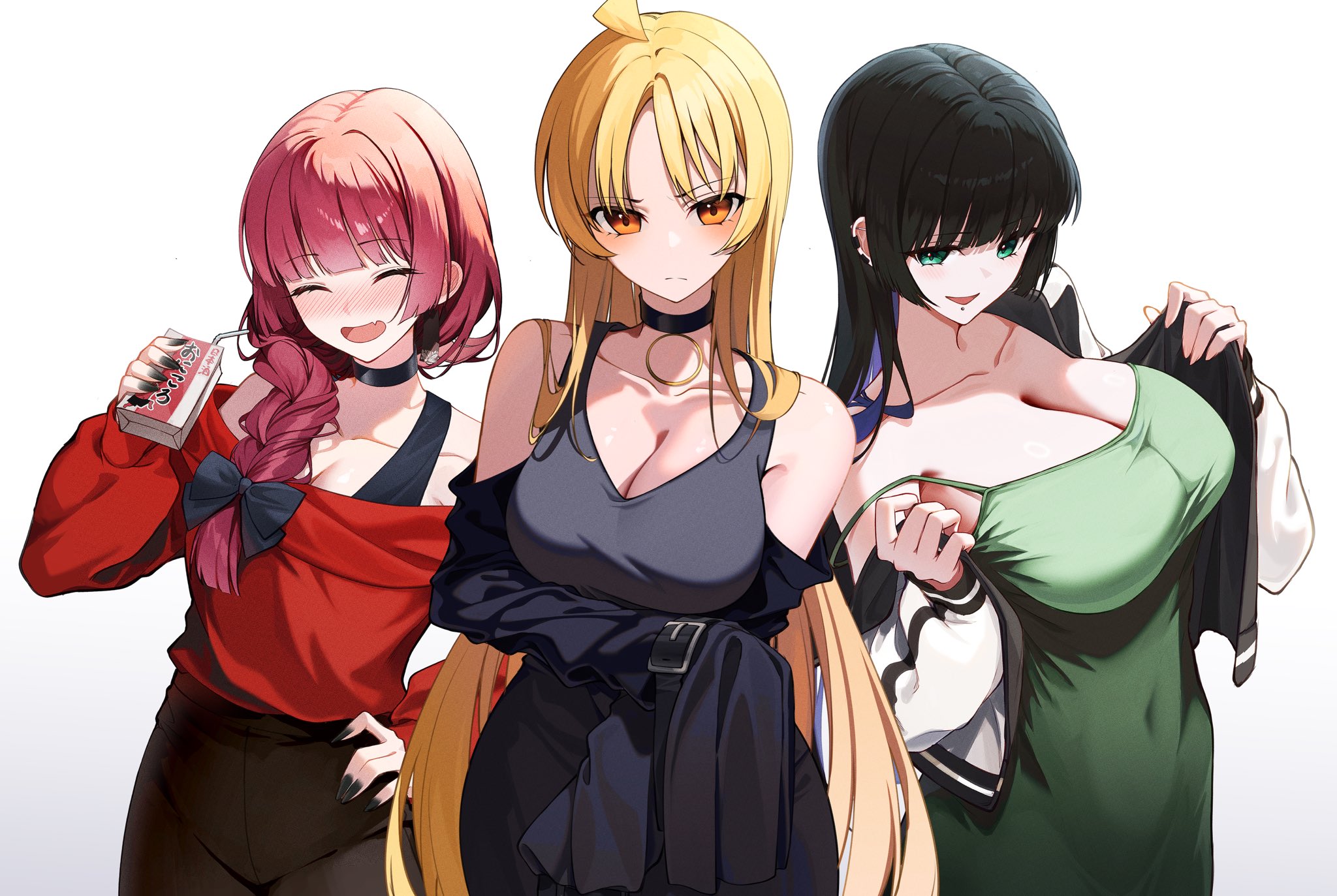 3girls, alcohol carton, black choker, black hair, black jacket, black pants, black tank top, blonde hair, blue hair, blush, bocchi the rock!, bow, breasts, choker, chuuni227, cleavage, closed eyes, colored inner hair, dress, female, female only, green dress, green eyes, hairbow, highres, hiroi kikuri, holding carton, ijichi seika, jacket, large breasts, long hair, looking at viewer, medium breasts, multicolored hair, multicolored jacket, multiple females, multiple girls, open mouth, orange eyes, pa-san, pants, purple hair, red sweater, simple background, sweater, tank top, two-tone jacket, white background, white jacket