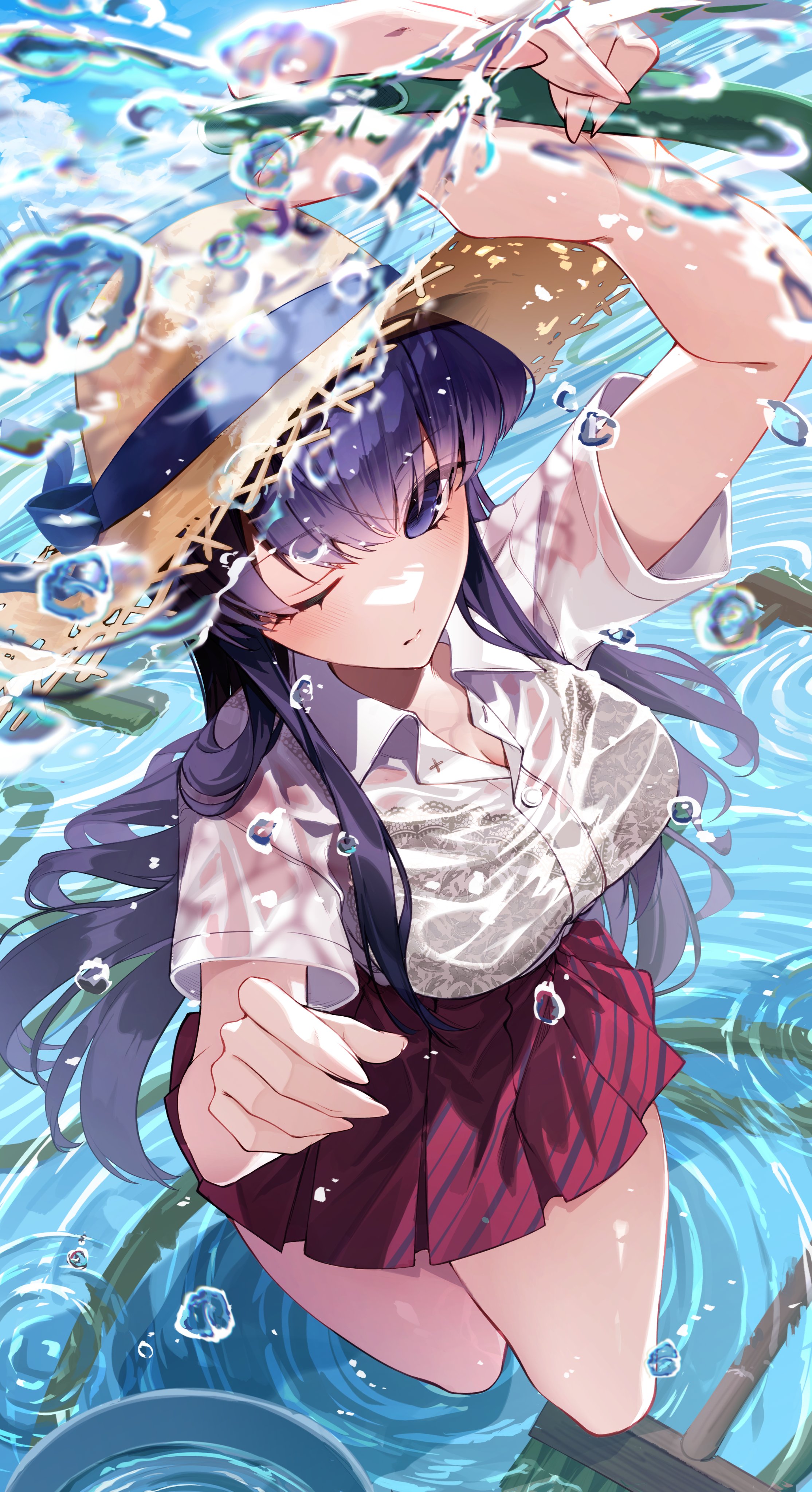 1girls, absurdres, adjusting clothes, adjusting headwear, arm up, breasts, chuuni227, closed mouth, female, female only, from above, hat, highres, komi shouko, komi-san wa komyushou desu, large breasts, long hair, looking up, one eye closed, purple eyes, purple hair, red skirt, shirt, skirt, solo, straw hat, water, wet, wet clothes, wet shirt, white shirt