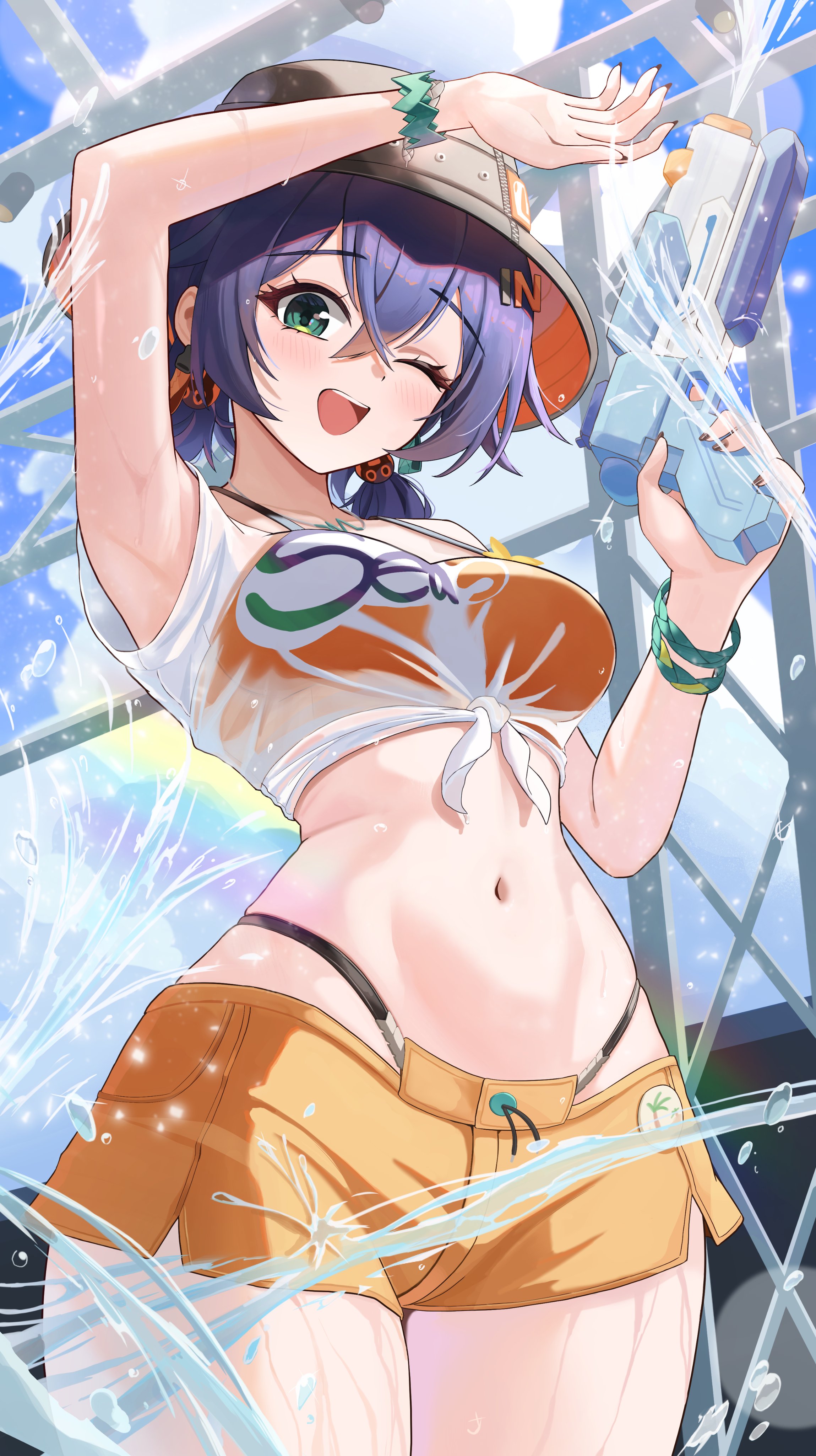 1girls, absurdres, armlet, armpits, belle (summer skies) (zenless zone zero), belle (zenless zone zero), bikini, bikini top under shirt, bikini under shorts, black nails, blue hair, bucket hat, female, female only, fish hat, green eyes, hair ornament, hat, highres, jewelry, letter hair ornament, navel, official alternate costume, one eye closed, orange bikini, orange shorts, see-through clothes, see-through shirt, shirt, shorts, solo, stomach, su2ro, swimsuit, tied shirt, water, water gun, wet, zenless zone zero