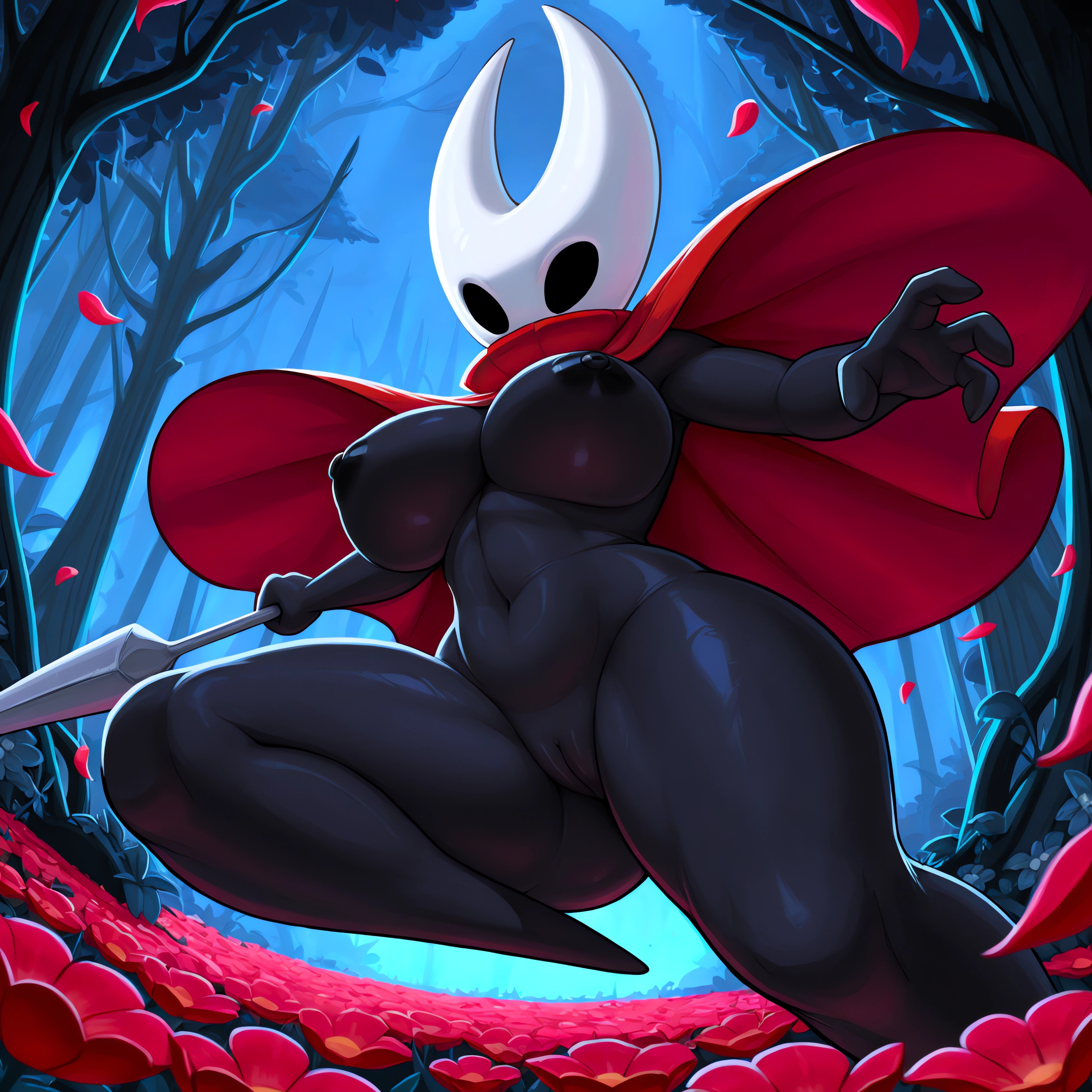 absurd res, ai generated, anthro, arachnid, arthropod, big breasts, black body, breasts, cloak, clothing, elemental creature, female, female focus, flora fauna, flower, genitals, hi res, hollow knight (franchise), hornet (hollow knight), humanoid, mostly nude, navel, nipples, plant, pussy, red clothing, solo, solo focus, spider, team cherry, thick thighs, tree, wide hips