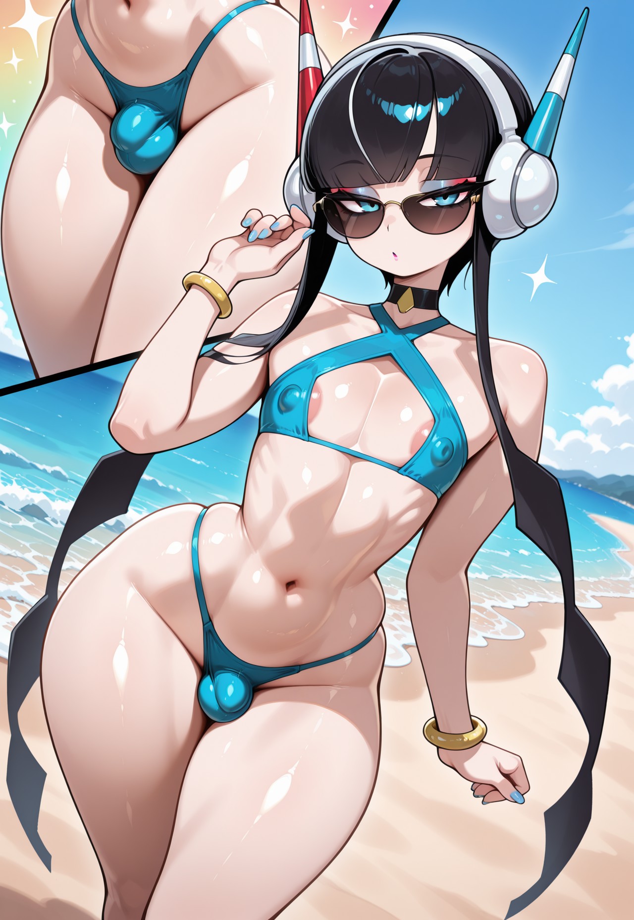 1boy, 1femboy, ai generated, areola, areola slip, beach, benero, bikini, bikini bottom, bikini top, blue bikini, blue bikini bottom, blue bikini top, blue eyes, bulge, crossdressing, elesa (pokemon), femboy, feminine male, genderswap (ftm), girly, highleg bikini, hourglass figure, looking at viewer, male, outdoors, outside, pokemon, rule 63, shiny skin, solo, standing, sunglasses, tinted eyewear, trap, wide hips