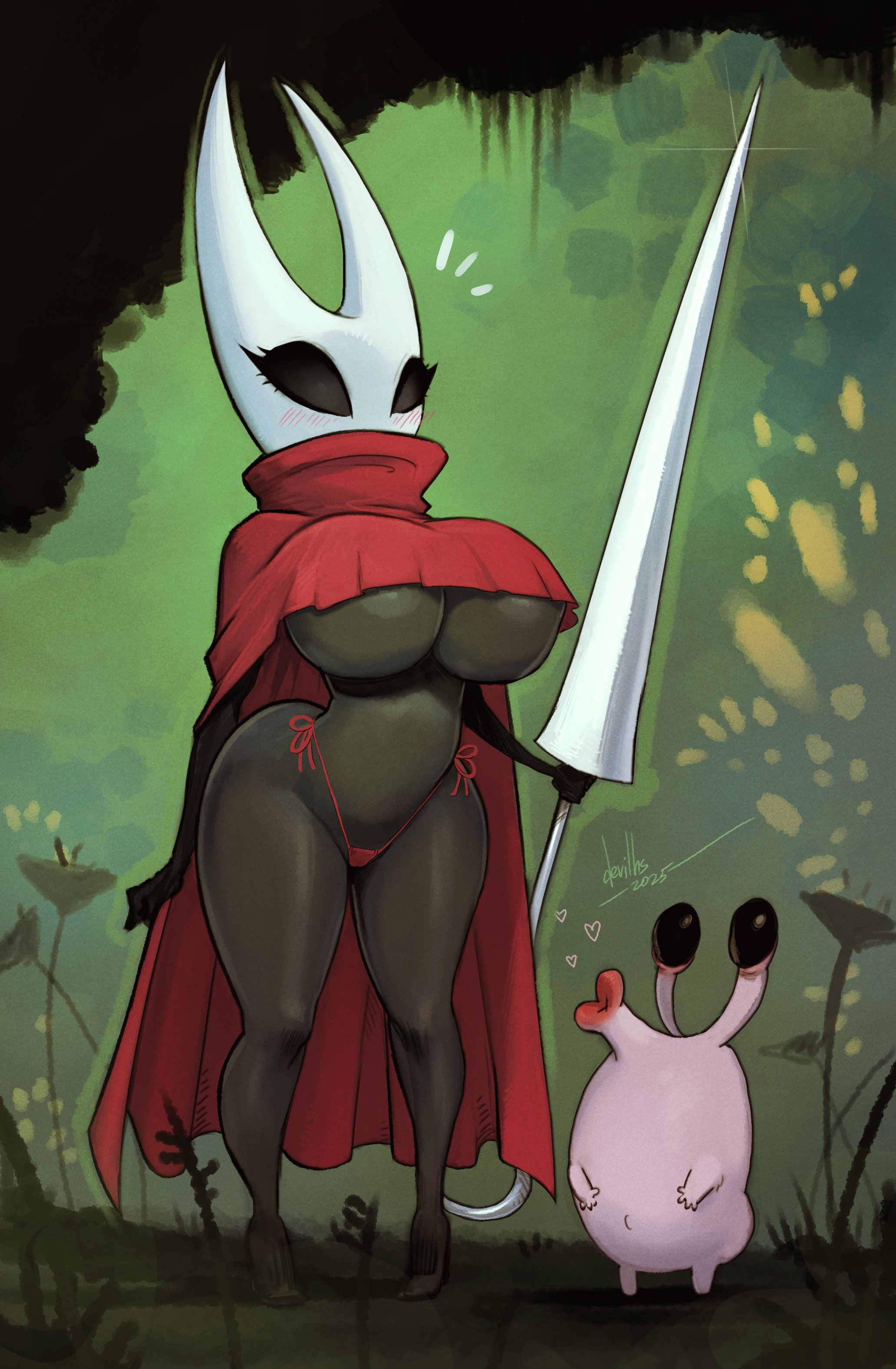 2025, 2d, 2girls, alternate body type, anthro, areola slip, arthropod, artist signature, ass, big breasts, black skin, blush, breasts, cape, child bearing hips, clothed, clothed female, devil hs, female, female focus, full body, gastropod, highleg panties, holding object, holding weapon, hollow knight, hollow knight: silksong, hornet (hollow knight), insect girl, insects, nuu (hollow knight), panties, red cape, red panties, revealing clothes, shortstack, snail, snail girl, thick thighs, thighs, underboob, wide hips