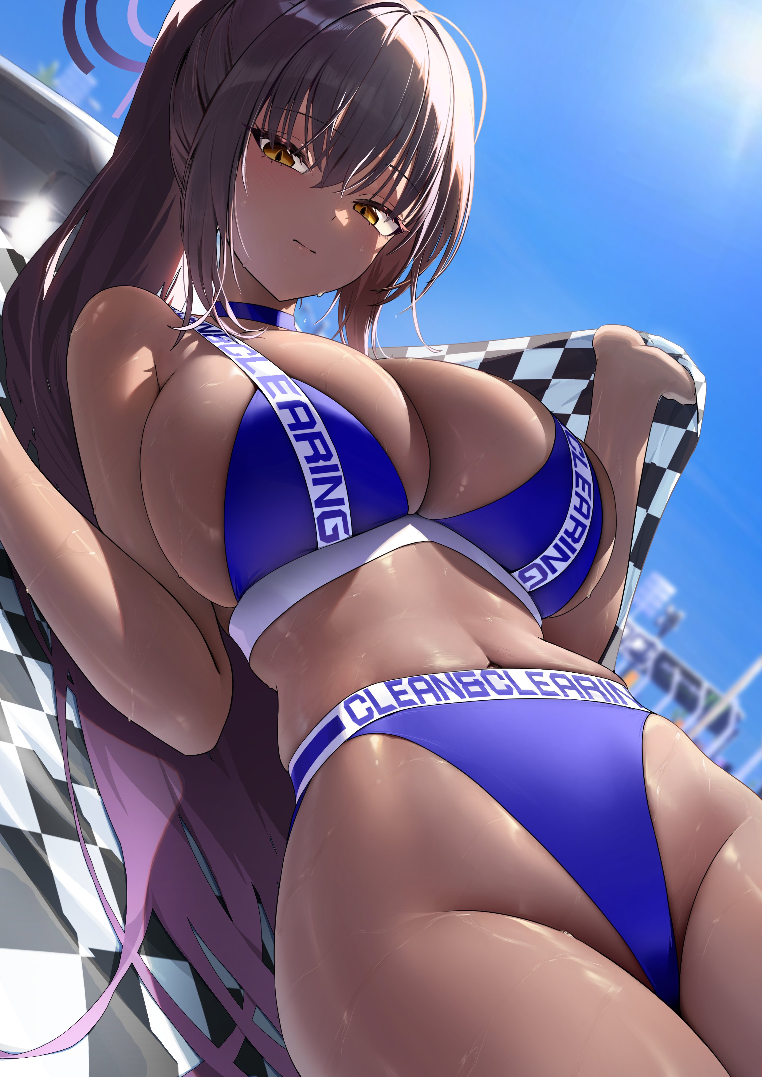 absurdres, alternate costume, black hair, blue archive, blush, breasts, chochomi, cleavage, closed mouth, clothes writing, dark skin, dark-skinned female, female, from below, halo, highres, karin (blue archive), large breasts, long hair, looking at viewer, ponytail, race queen, sideboob, skindentation, solo, thighs, very long hair, yellow eyes