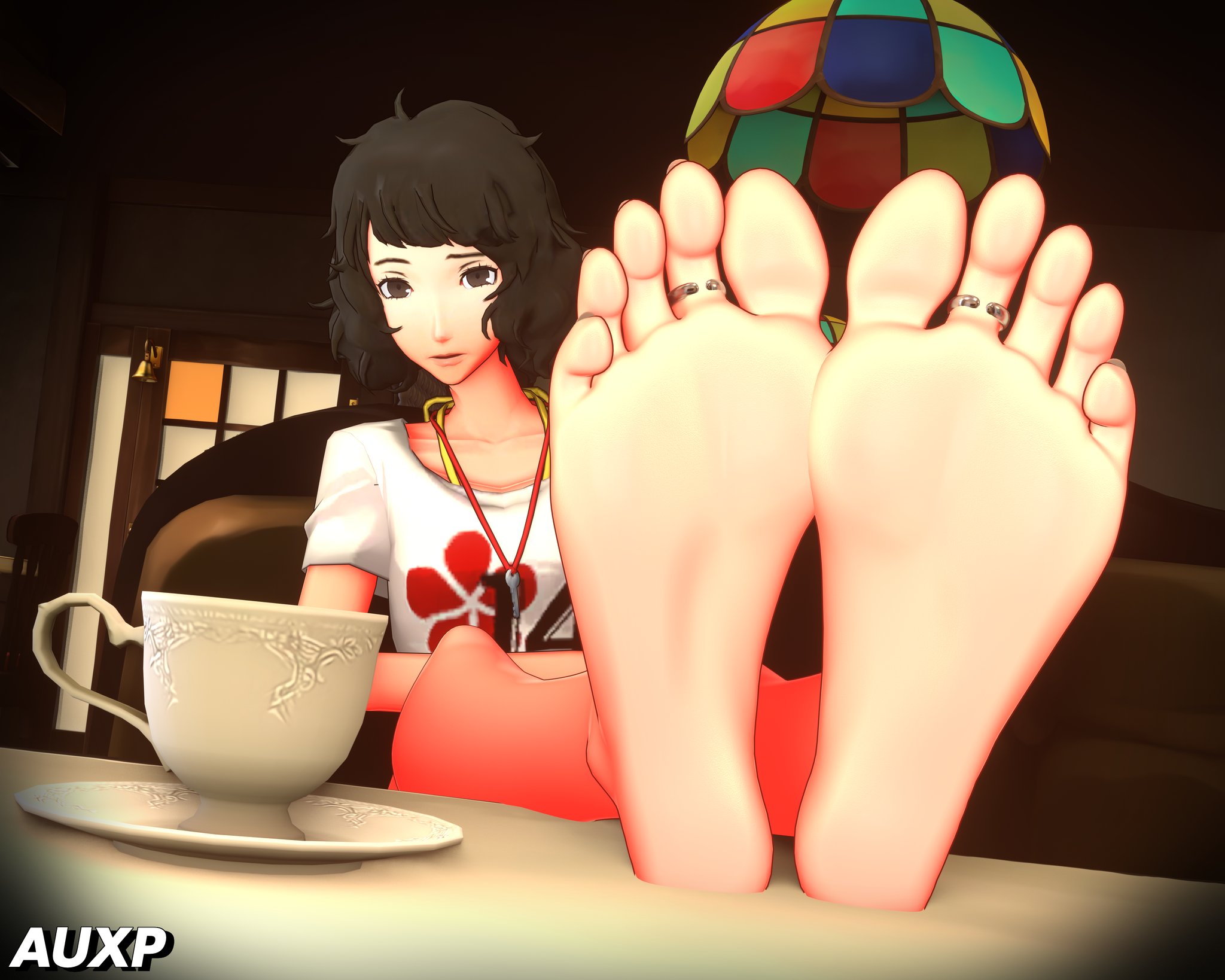 1girls, 3d, atlus, auxp, feet, female, female focus, female only, foot fetish, foot focus, legs, legs up, persona, persona 5, sadayo kawakami, shirt, soles, solo, solo female