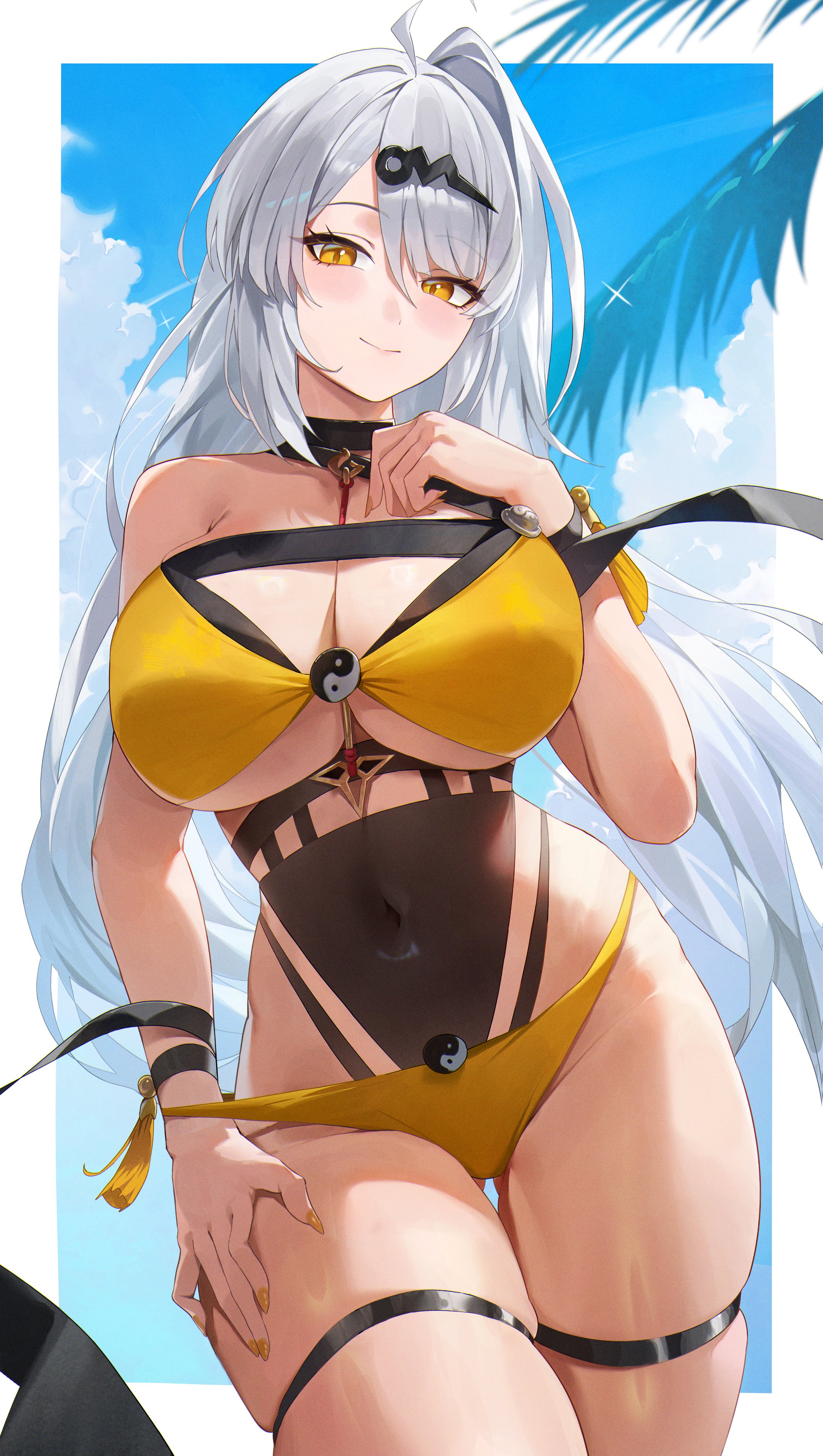 1girl, 1girls, absurdres, ahoge, alternate costume, bare shoulders, bikini, blue sky, blush, border, breasts, cleavage, closed mouth, commentary, covered navel, day, english commentary, female, female only, fingernails, gluteal fold, hair ornament, hand on own chest, hand on own thigh, highres, huge breasts, light skin, light-skinned female, long fingernails, looking at viewer, nail polish, navel, outdoors, paid reward available, single hair intake, skindentation, sky, smile, solo, solo female, swimsuit, thigh gap, thigh strap, thighs, white border, yellow bikini, yellow eyes, yellow nails, yixuan (zenless zone zero), yonesdraws, zenless zone zero