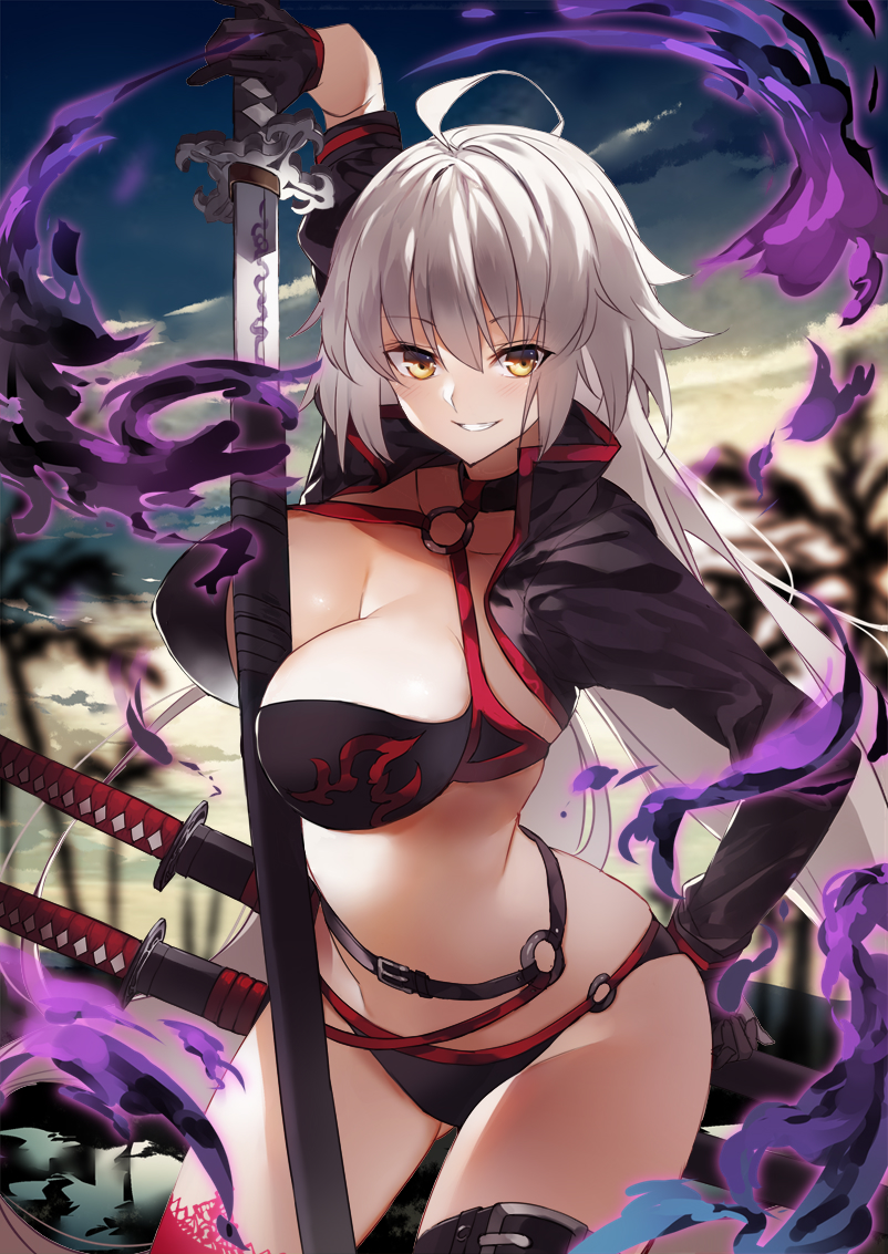 1girls, arm up, between breasts, big breasts, bikini, breasts, busty, confident, fate (series), fate/grand order, female, female only, hand on hip, in cleavage, jeanne alter, jeanne alter (swimsuit berserker), jeanne d'arc (fate), katana, ken (coffee michikusa), large breasts, legs, looking at viewer, pose, posing, scabbard, smile, smiling at viewer, swimsuit, sword, tagme, thighs, voluptuous, white hair, yellow eyes