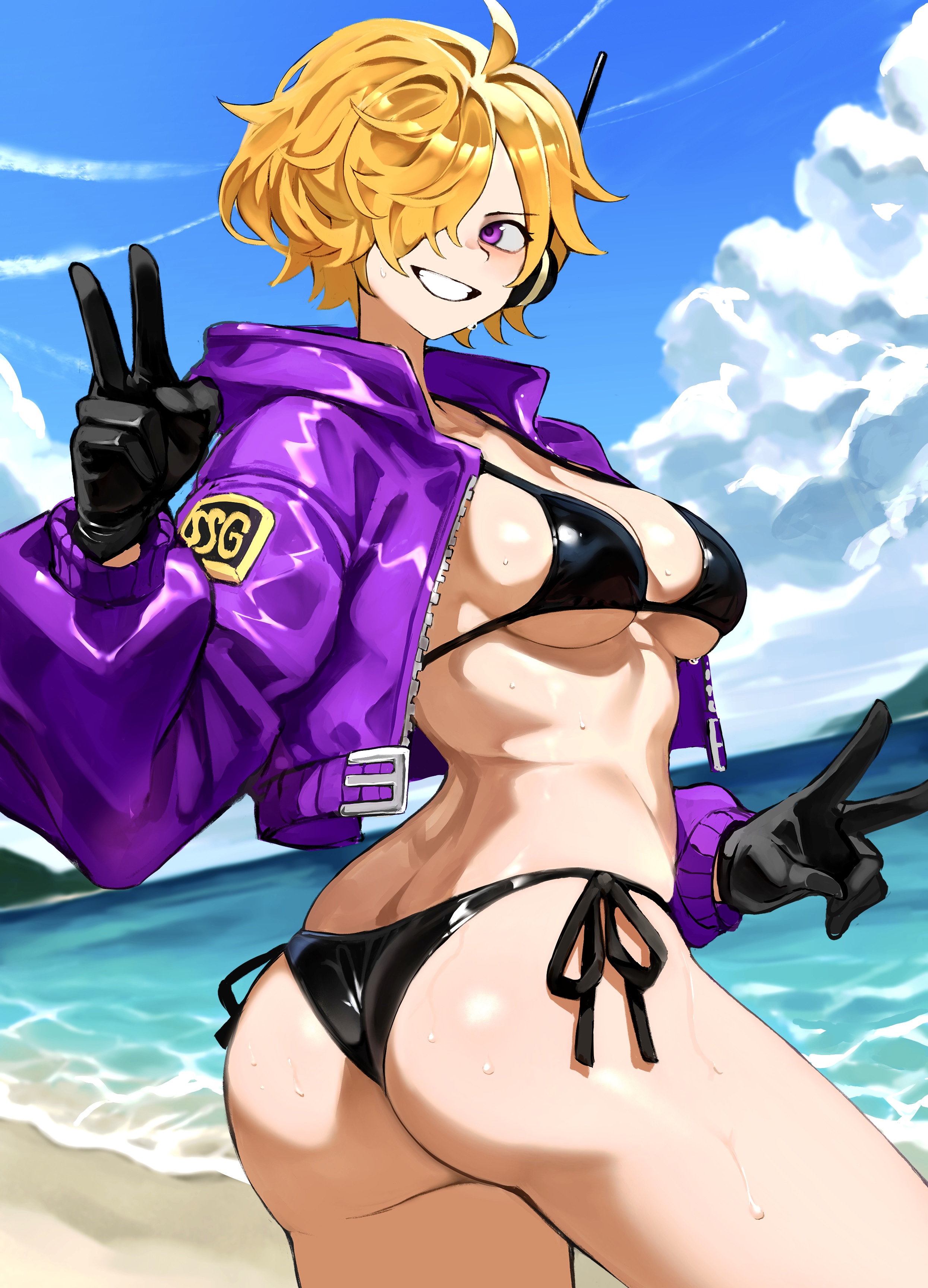 1girls, absurdres, ass, beach, bikini, black bikini, blonde hair, blonde-haired female, blush, breasts, clothing, commentary, commission, double v, female, female only, grin, hair over one eye, highres, jacket, jacket over swimsuit, kasumi 6, kasumi6, medium breasts, one eye covered, one piece, outdoors, purple jacket, short hair, side-tie bikini bottom, skeb commission, smile, solo, string bikini, sweat, swimsuit, twisted torso, underboob, v, vegapunk lilith, water