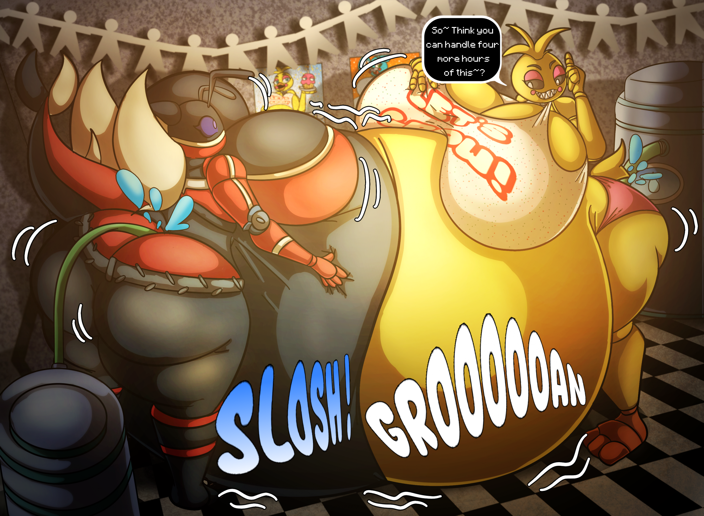 animatronic, animatronic female, belly expansion, belly inflation, big belly, big breasts, breasts, chicken, chicken girl, female, five nights at freddy's, five nights at freddy's 2, fnaf, inflation, inflation fetish, robot, robot girl, scottgames, soupladdle, toy chica (fnaf), tube, tube in ass, water, water inflation