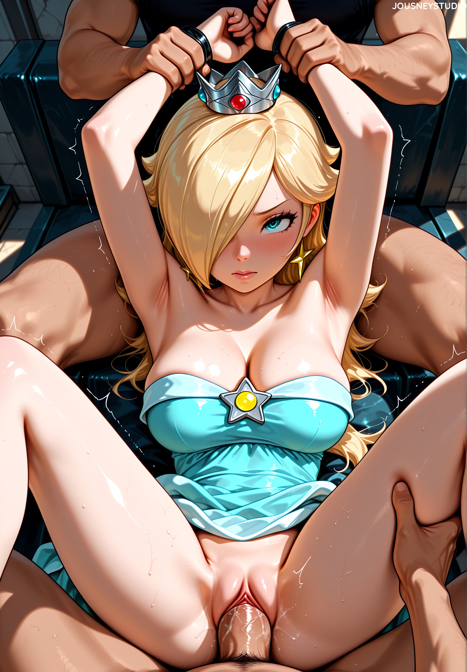 2boys, ai generated, aqua dress, arm grab, armpits, arms up, assisted rape, bangs, bare legs, bare shoulders, blonde hair, blue dress, blue eyes, blush, bondage, bound, bound wrists, breasts, cleavage, clitoris, closed mouth, clothed sex, clothes lift, clothing, collarbone, crown, dress, dress lift, earrings, erection, female, group sex, hair over one eye, handcuffs, headwear, holding another's wrist, jewelry, jousneystudio, large breasts, long hair, looking at viewer, lying, m legs, male, mario (series), mini crown, missionary, mmf threesome, multiple boys, multiple males, nintendo, no panties, on back, one eye covered, patreon, penis, princess rosalina, pubic hair, pussy, rape, restrained, rolling eyes, rosalina, sex, sitting, solo focus, spread legs, star (symbol), star earrings, straight, strapless, strapless dress, super mario galaxy, sweat, thigh grab, thighs, threesome, trembling, v-shaped eyebrows, vagina, vaginal penetration, veins, veiny penis