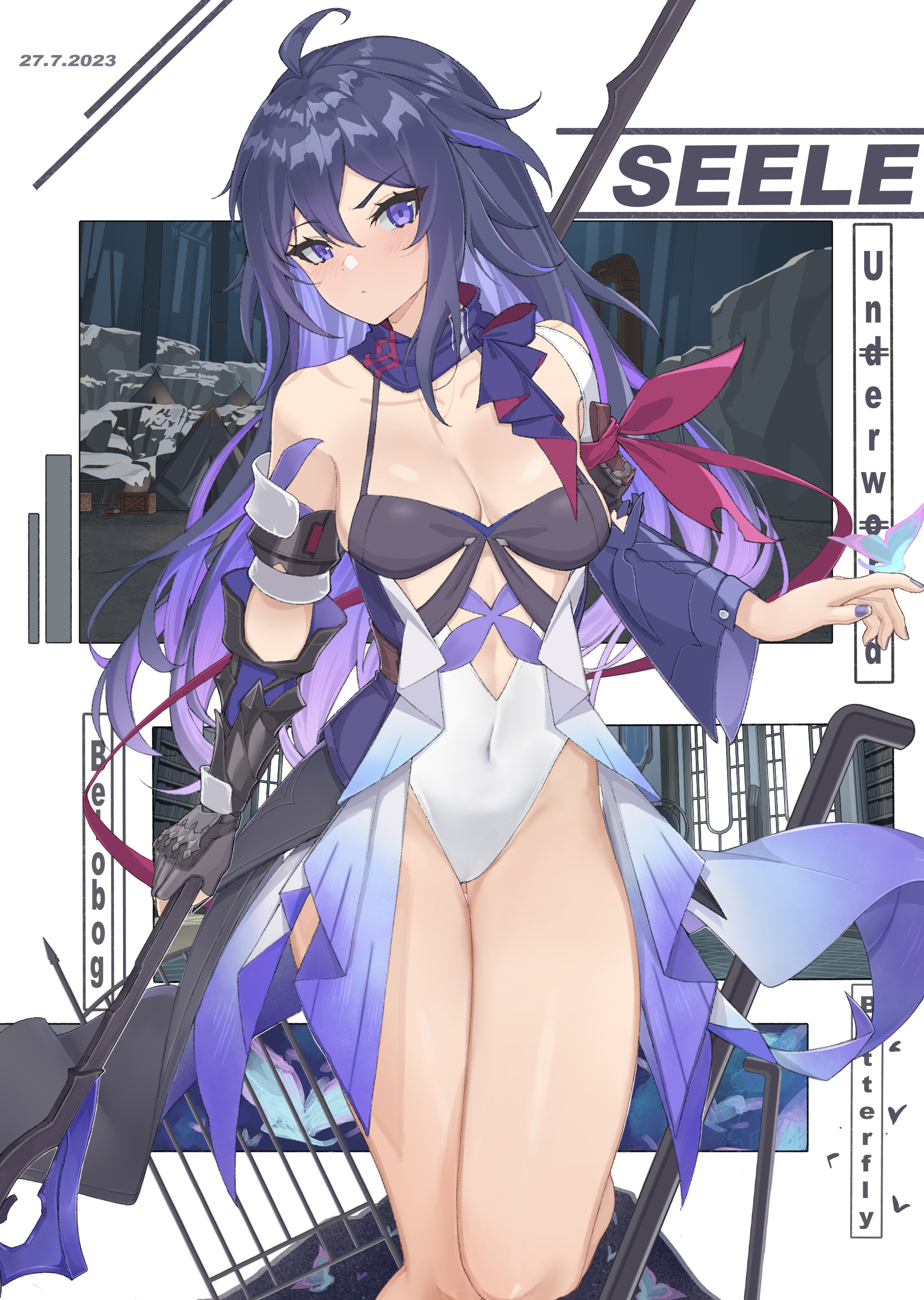 1girls, blush, breasts, cleavage, clothed, clothed female, female, hi res, honkai: star rail, jinmuxi (user pvha4443), kmos, leotard, light skin, light-skinned female, long hair, long-haired female, looking at viewer, medium breasts, navel visible through clothes, no pants, painted nails, purple eyes, purple hair, purple nails, seele (honkai: star rail), solo only, thigh gap, thighs