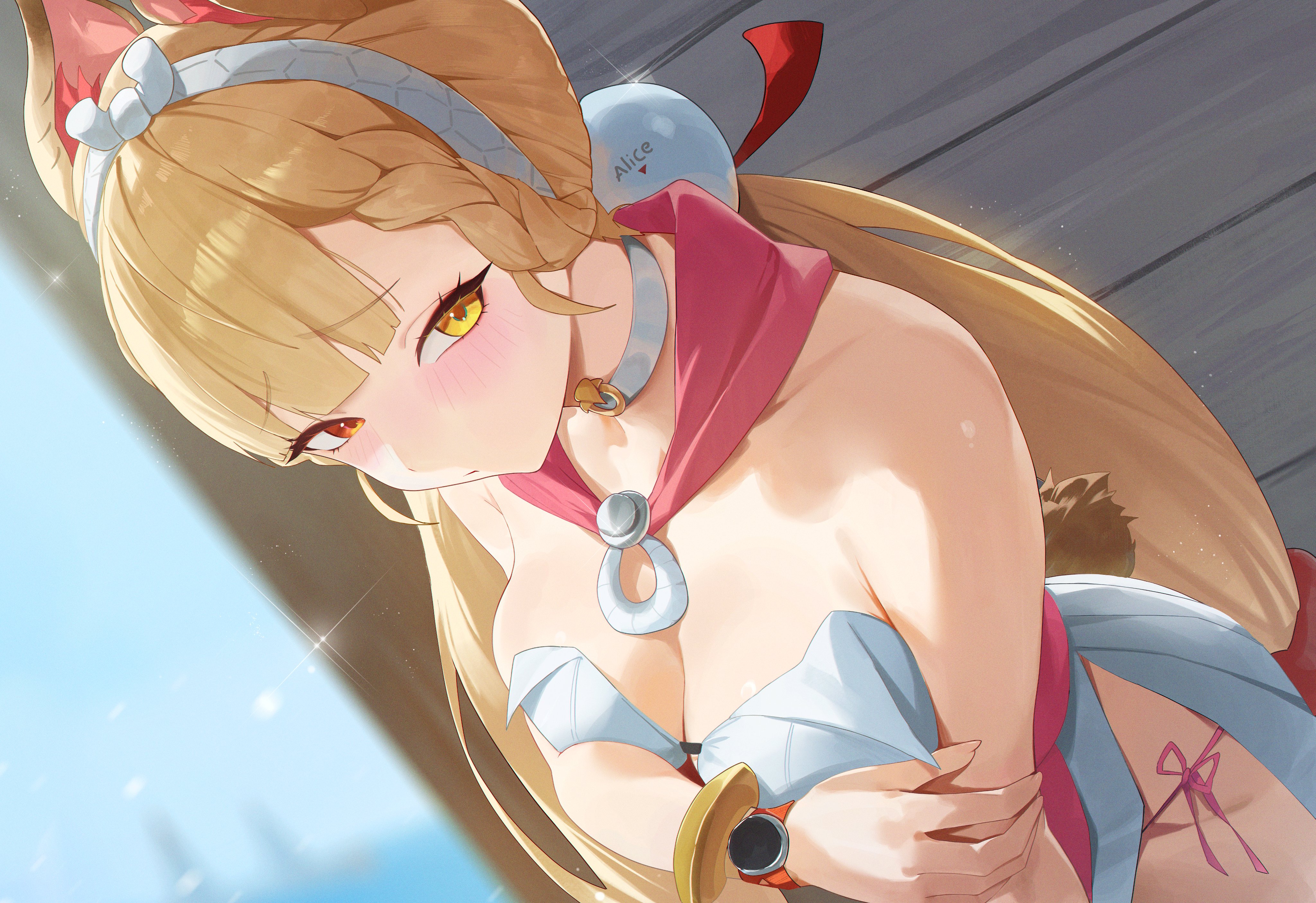 1girl, 1girls, absurdres, alice thymefield, alice thymefield (sea of thyme), animal ears, averting eyes, blonde hair, blush, breasts, choker, day, dress swimsuit, dutch angle, female, female only, hairband, heterochromia, highres, light skin, light-skinned female, long hair, looking at viewer, medium breasts, official alternate costume, panties, rabbit ears, rabbit girl, red eyes, side-tie panties, solo, solo female, sparkle, sphere hair ornament, underwear, wardrobe malfunction, white choker, white hairband, yellow eyes, yonesdraws, zenless zone zero