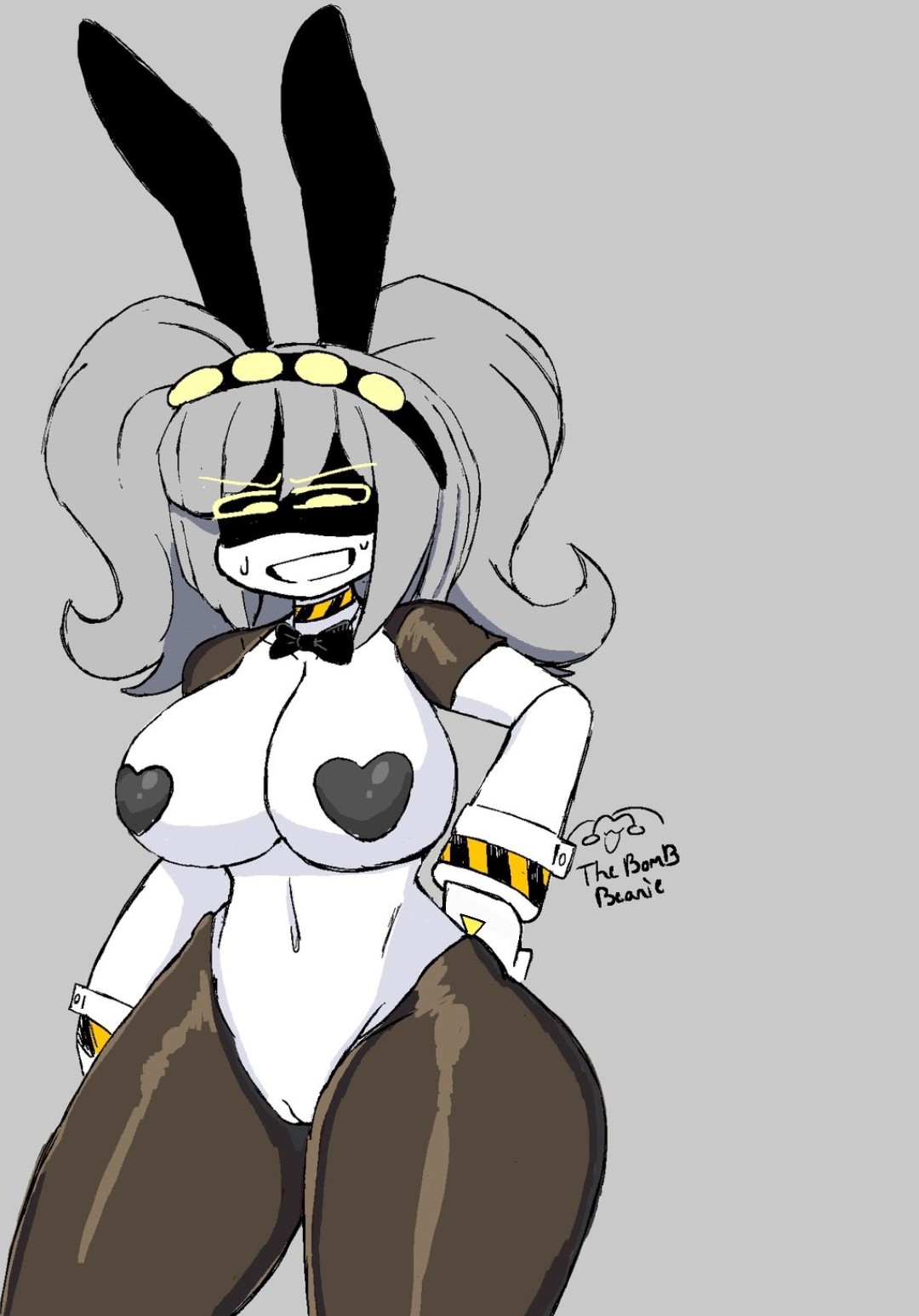 awkward, awkward smile, bowtie, bunny ears, covered nipples, female, female only, ghastlypann, gray hair, grey hair, j (murder drones), leggings, murder drones, pantyhose, pussy, serial designation j, sweat, thebombbeanie, white body, yellow eyes