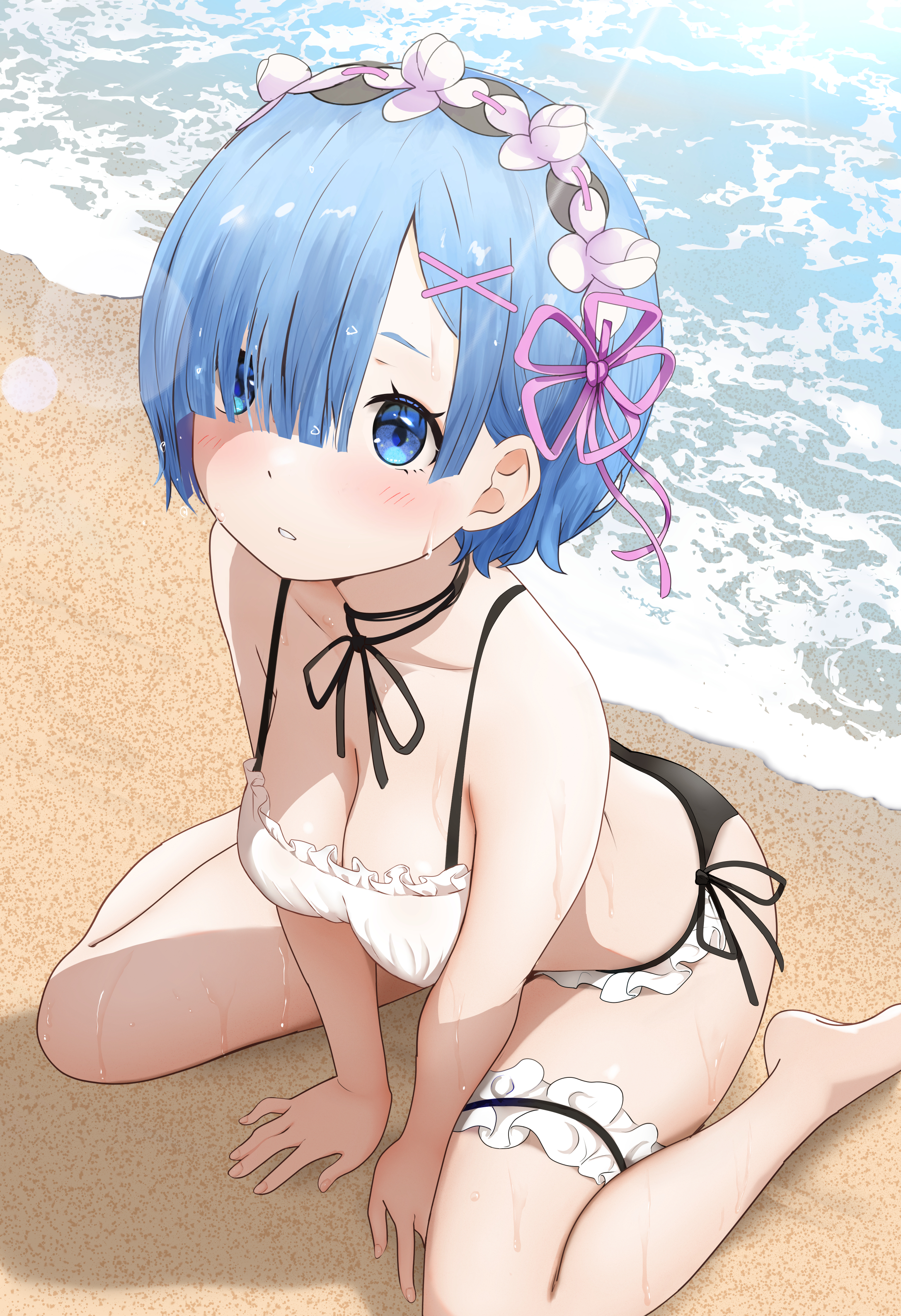 1girls, absurdres, beach, bikini, blue eyes, blue hair, blush, breasts, cleavage, commentary request, female, female only, gibun (sozoshu), hair ornament, hair over one eye, hair ribbon, highres, looking at viewer, medium breasts, parted lips, pink ribbon, ribbon, sand, short hair, solo, swimsuit, thighs, wet, wet hair, white bikini, x hair ornament