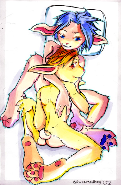 2002 anthro ass bed couple female fur furry greenmonkey hindpaw holding lagomorph male male_focus nude penis pillow pink rabbit straight tail white_background yellow