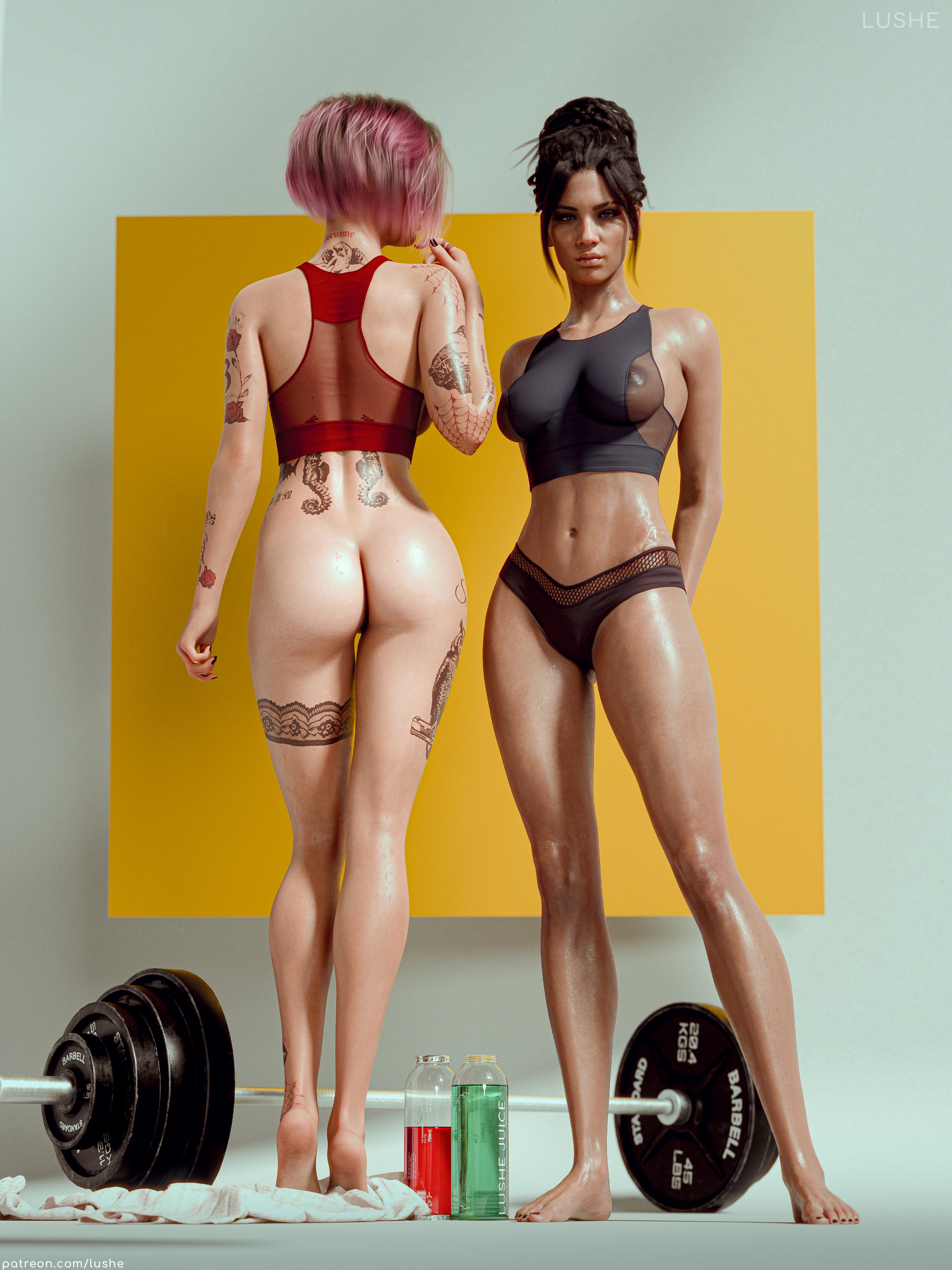 2025, 2girls, 3d, areolae, areolae slip, ass, barbell, big ass, black hair, black toenail polish, bottomless, bottomless female, breasts, bun hair, covered breasts, cyberpunk 2077, dark red nail polish, duo, feet, female, female only, fit, fit female, front view, full body, green and purple hair, hip scar, judy alvarez, legs, legs apart, legs together, long hair, lushe3d, medium breasts, multiple females, multiple girls, nail polish, navel, nipples, nipslip, painted nails, painted toenails, panam palmer, panties, rear view, scar, shaved side, short hair, simple background, sports bra, standing, sweat, sweaty body, tattoo, tattoos, tattoos everywhere, tied hair, toenail polish, underwear, underwear only