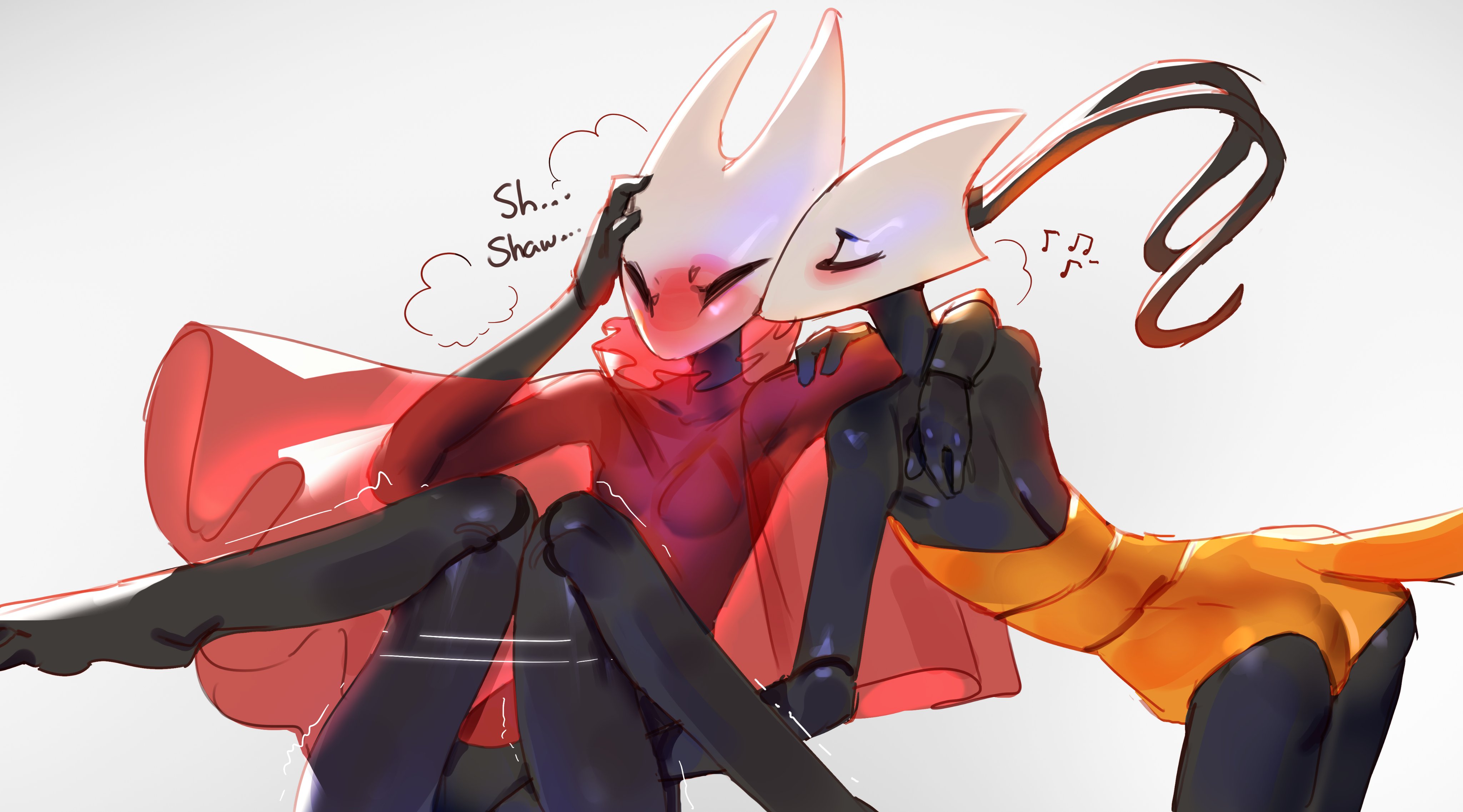 2 horns, 2girls, alternate body type, alternate breast size, arthropod, artist name, austinarts4, big ass, big breasts, big butt, black body, black skin, breasts, bubble ass, bubble butt, bug, bug girl, female, female only, fingering, hollow knight, hollow knight: silksong, hornet (hollow knight), implied fingering, large ass, large breasts, large butt, shakra (hollow knight), silksong, team cherry, yuri