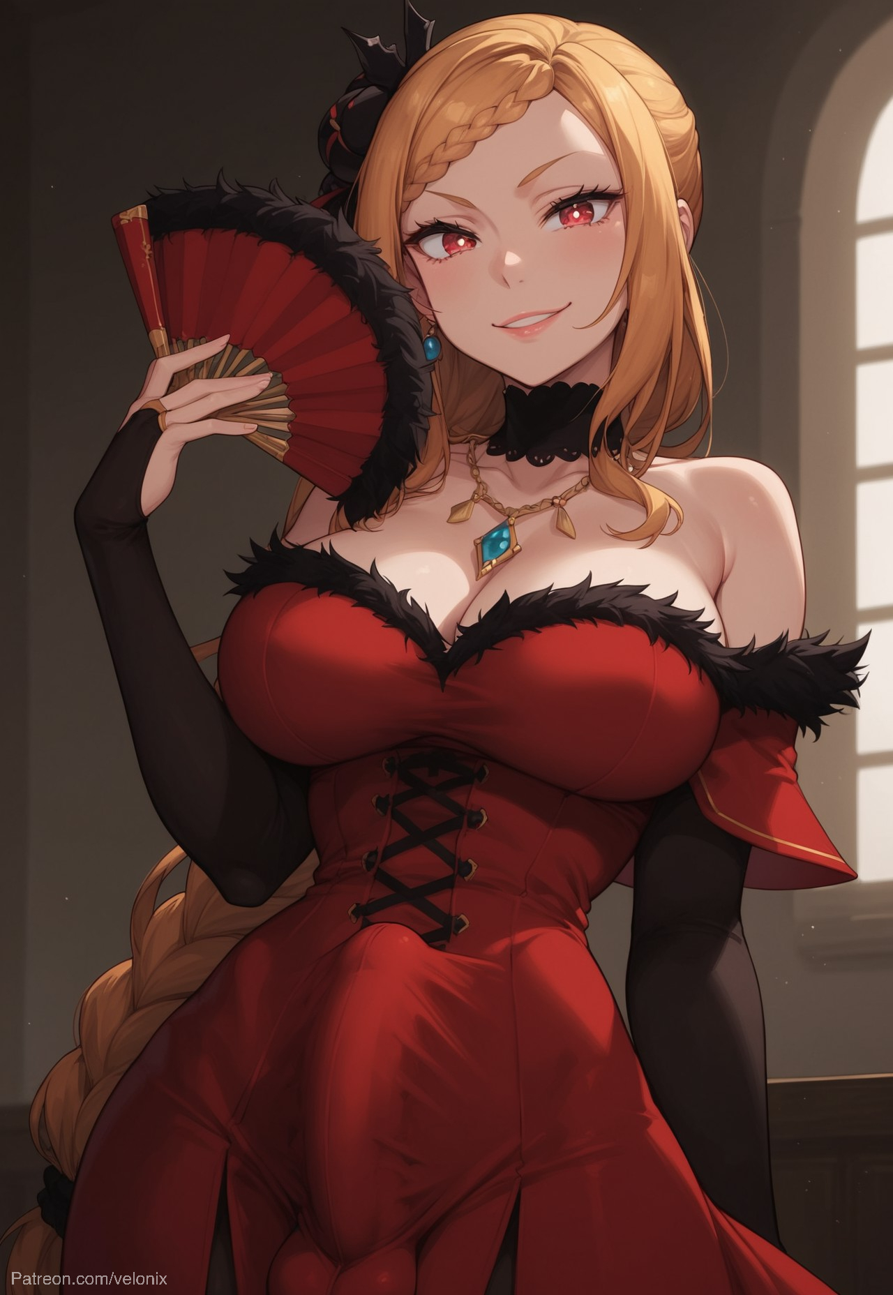 1futa, ai generated, ass, balls, big ass, big breasts, big butt, big hips, big penis, braids, breasts, cleavage, clothed, clothing, dick, dickgirl, dress, eyebrows, eyelashes, from below, futa only, futanari, grin, grinning, grinning at viewer, hair, hands-free, huge cock, indoors, intersex, lips, long hair, looking at viewer, makeup, narrow waist, narrowed eyes, nose, orange hair, penis, priscilla barielle, re:zero kara hajimeru isekai seikatsu, red dress, red eyes, red hair, sadist, seducing, seductive, seductive eyes, seductive gaze, seductive look, seductive mouth, seductive pose, seductive smile, side ponytail, smile, smile at viewer, smiley face, smooth balls, smooth penis, smooth skin, solo, solo dickgirl, solo focus, solo futa, taker pov, testicles, throne, velonix