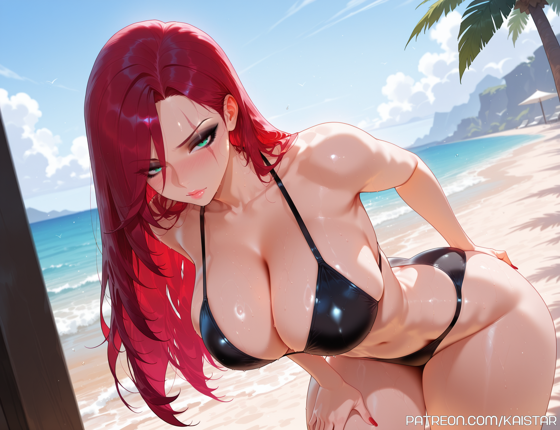 1girls, ai generated, big breasts, bikini, breasts, female, female focus, female only, fingers, green eyes, high resolution, highres, huge boobs, huge breasts, kaistar, katarina du couteau, large boobs, large breasts, league of legends, looking at viewer, patreon, red fingernails, red nails, riot games, solo, solo female, solo focus