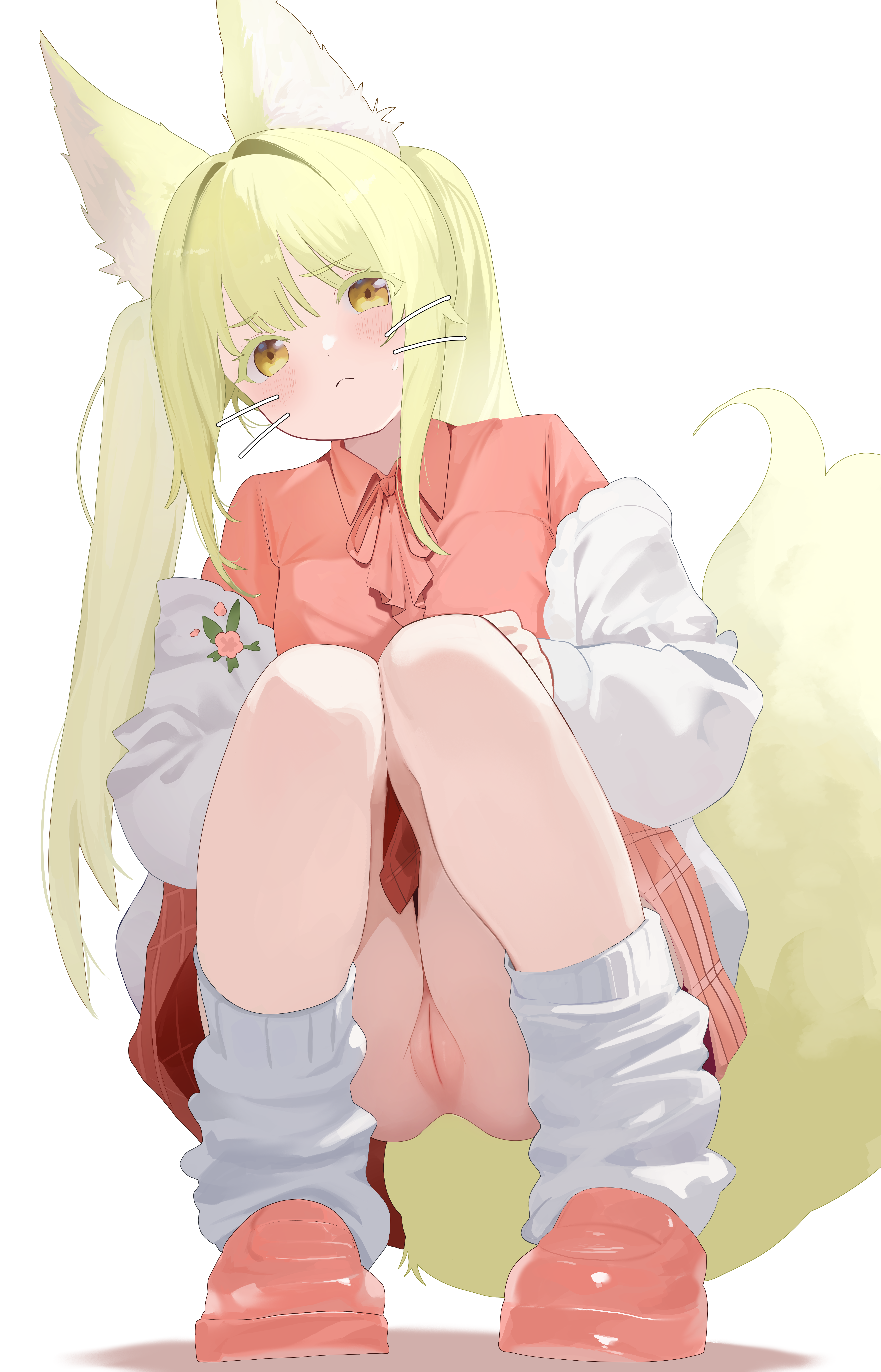 1girls, absurdres, animal ears, animal tail, blonde hair, blush, commission, female, fox ears, fox girl, fox tail, highres, light skin, light-skinned female, looking at viewer, loose socks, nbee ya, off shoulder, original, pink shirt, pink shoes, pussy, shirt, shoes, simple background, smooth skin, socks, solo, solo female, squatting, sweater, tail, whiskers, white background, white sweater, yellow eyes