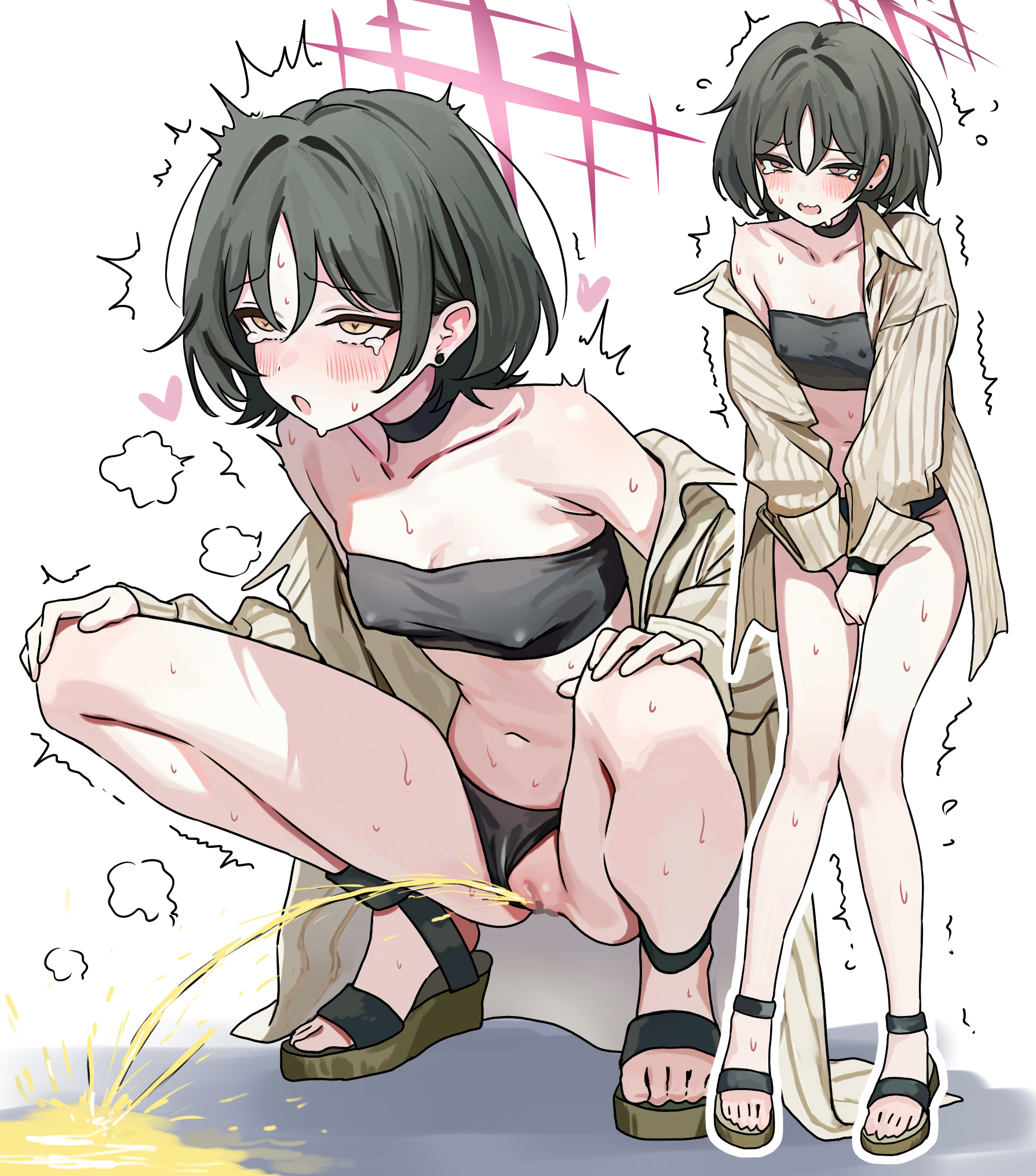 1girls, bikini aside, black hair, blue archive, blush, censored, female, halo, have to pee, misaki (blue archive), peeing, pussy, sandals, solo, squatting, swimsuit, swimsuit aside, yellow eyes, zavuravu