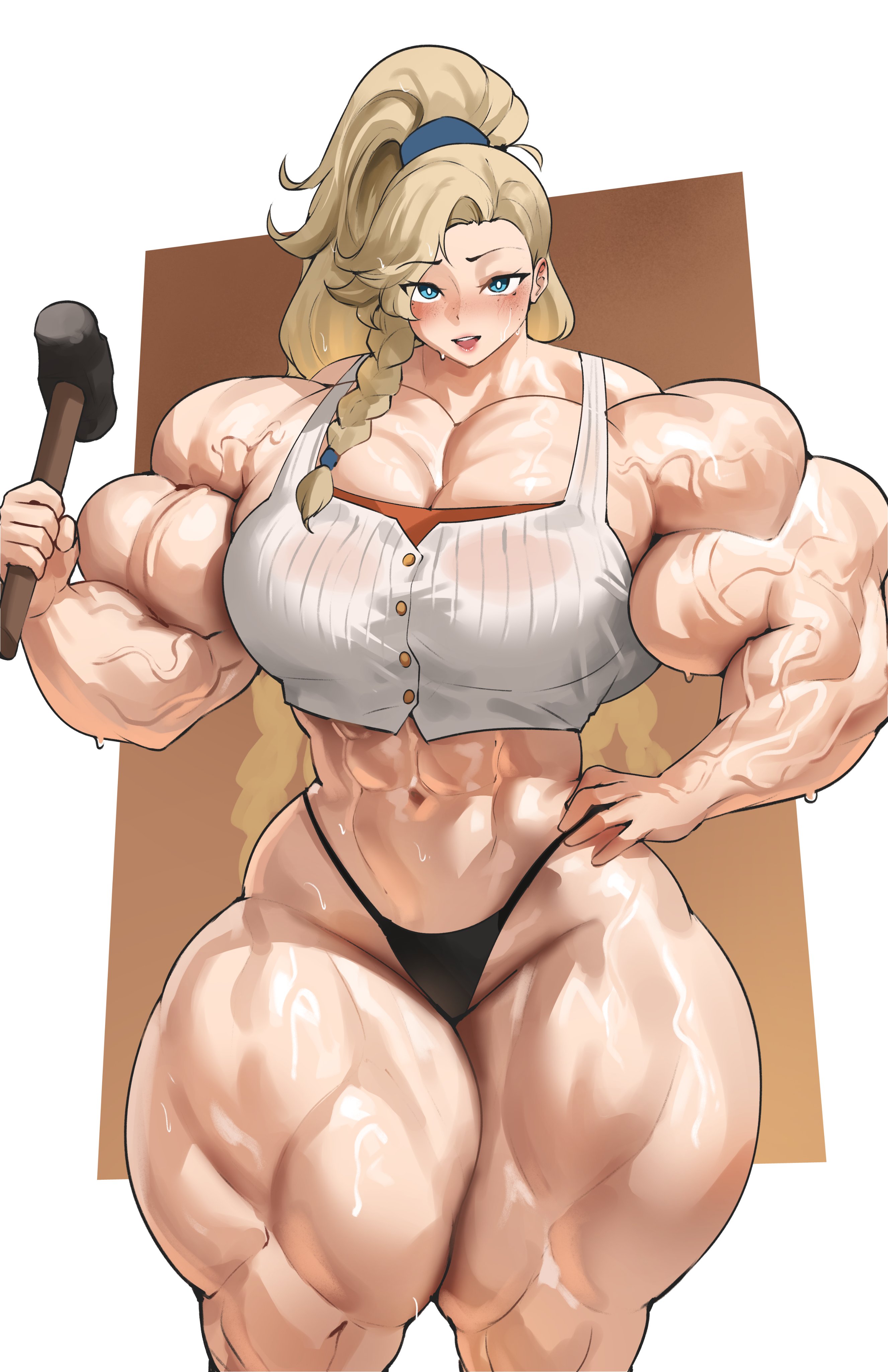 1girls, female, gemma (monster hunter wilds), hourglass figure, human, hyper muscles, monster hunter, muscles, musctonk, muscular, muscular female, revealing clothes, skimpy, solo, solo female, sweat, thick thighs, thunder thighs, wide hips