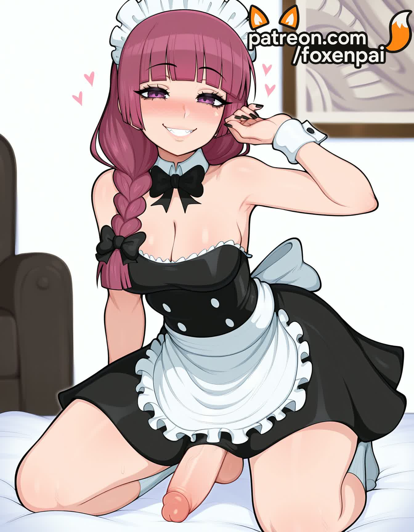 1futa, 2025, ai generated, apron, artist name, balls, bangs, black bow, black bowtie, blunt bangs, blush, bocchi the rock!, bow, braid, cock, condom, crossdressing, dick, enmaided, erection, eyebrows visible through hair, foreskin, foxenpai, futa only, futanari, hair over shoulder, heart, hi res, high quality, high resolution, highres, hiroi kikuri, intersex, kneeling, long hair, maid, maid apron, maid headdress, male, male focus, on bed, otoko no ko, patreon, patreon username, penis, perineum, precum, purple eyes, smile, socks, solo, stable diffusion, testicles, tight foreskin, uncircumcised, waist apron, watermark, white apron, white legwear, wrist cuffs