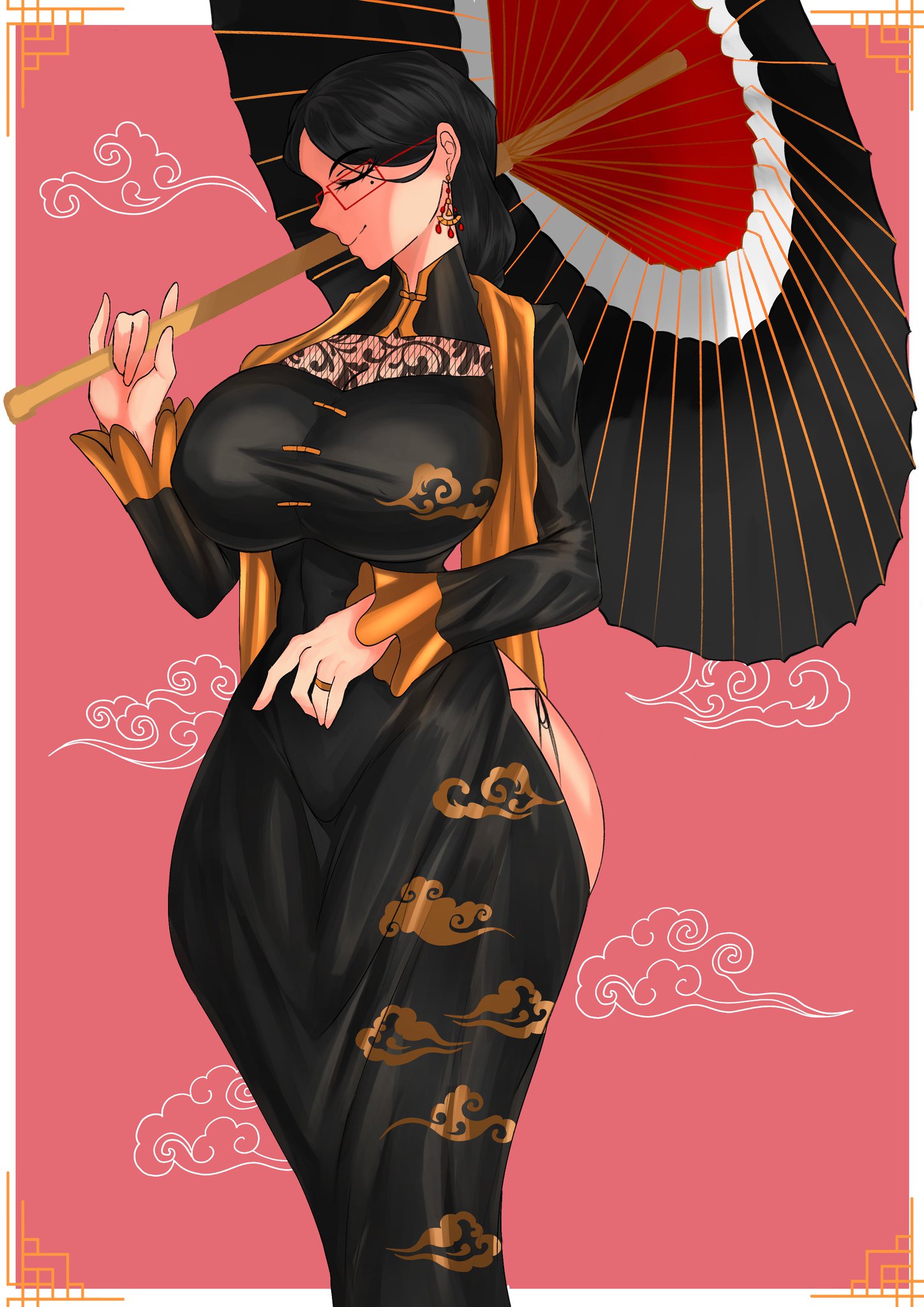 1female, 1girls, 2d, ass, big ass, big breasts, big thighs, black hair, breasts, closed eyes, clothed, clothed female, color, cthulhu mythos, curvaceous, curvy, curvy figure, deity, digital media (artwork), female, female only, full color, glasses, god, goddess, goonable, greeeeen, h.p. lovecraft, hourglass figure, huge breasts, humanoid, khaio, large breasts, mature, mature body, mature female, mature figure, mature woman, milf, mommy, non-nude, nyarlathotep (khaio), outer god, parasol, perfect ass, perfect body, perfection, rare, simple background, slim waist, smile, solo, solo female, thick, thick ass, thick hips, thick thighs, thighs, voluptuous, voluptuous female, wide hips