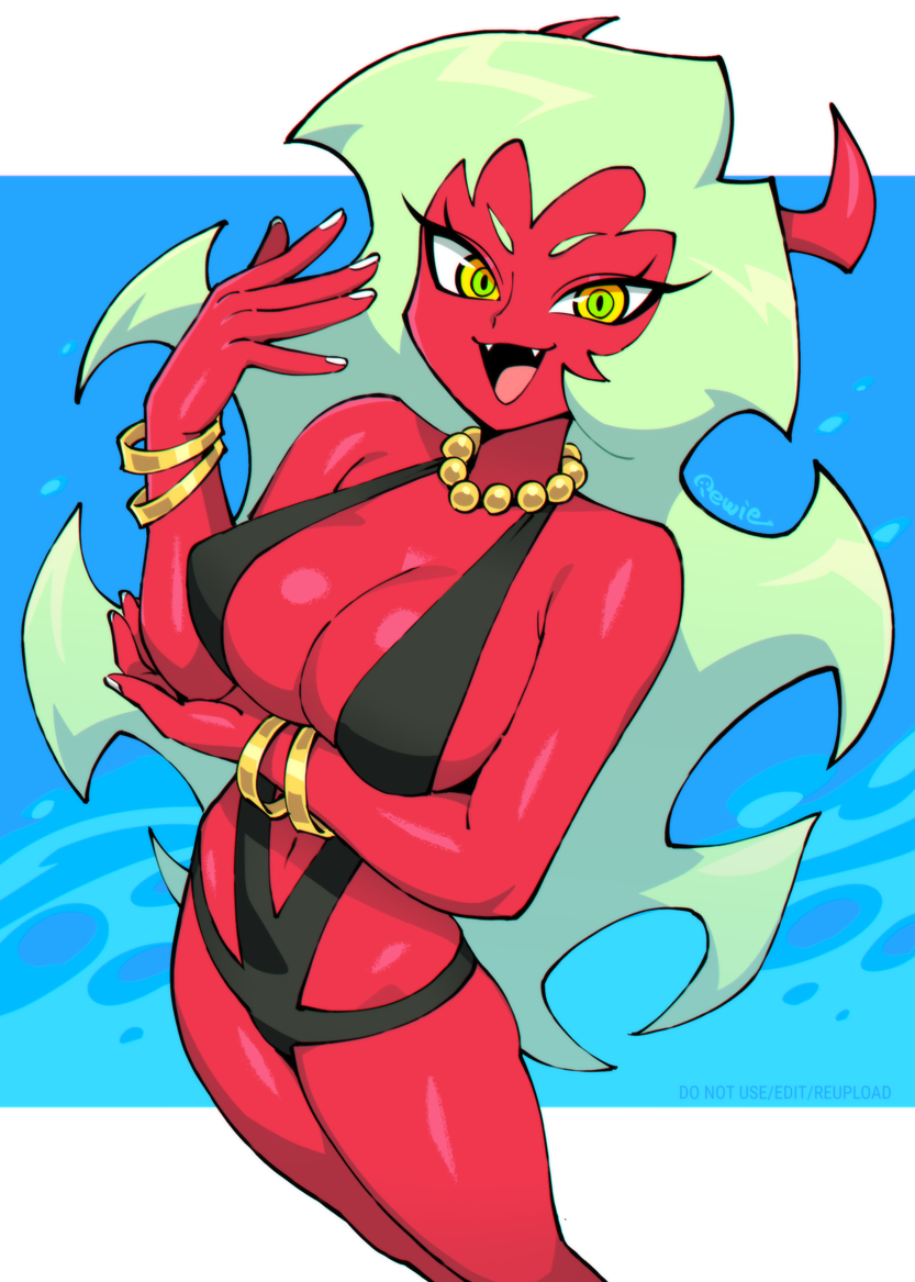 333 (dqqqdle), breasts, colored skin, demon, demon girl, demon horns, female, female only, green eyes, green hair, horns, large breasts, long hair, looking at viewer, panty & stocking with garterbelt, red skin, scanty (psg), scanty daemon, yellow eyes