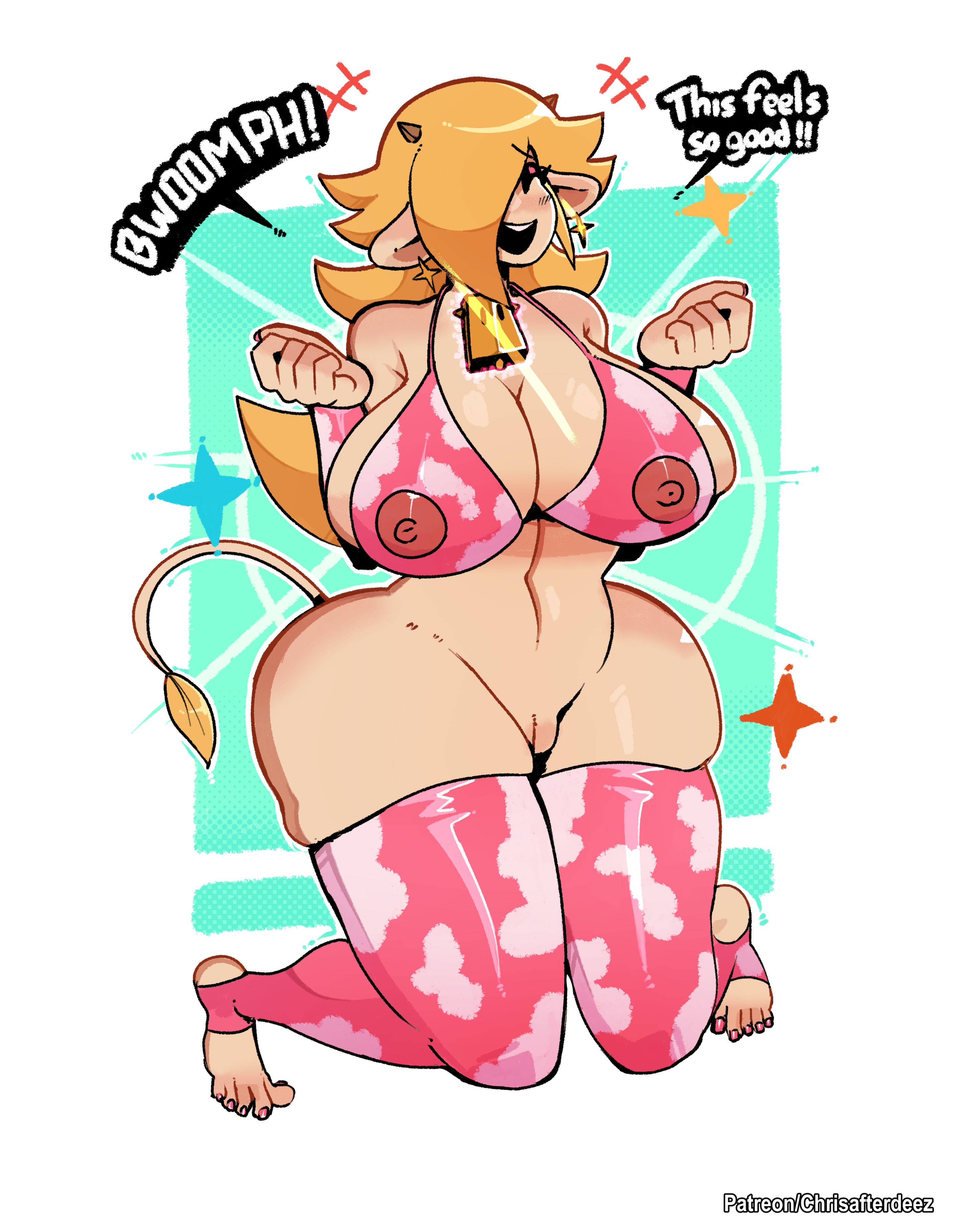 1girls, animal ears, ass, blonde hair, breasts, breasts bigger than head, bubble ass, bubble butt, cow bell, cow ears, cow girl, cow print, dialogue, female, hair over one eye, huge breasts, mario (series), mind control, nintendo, pink bikini, princess rosalina, ripped clothing, solo, super mario bros., super mario galaxy, tail, text, thegreyzen, thehornyzen, thick thighs, transformation
