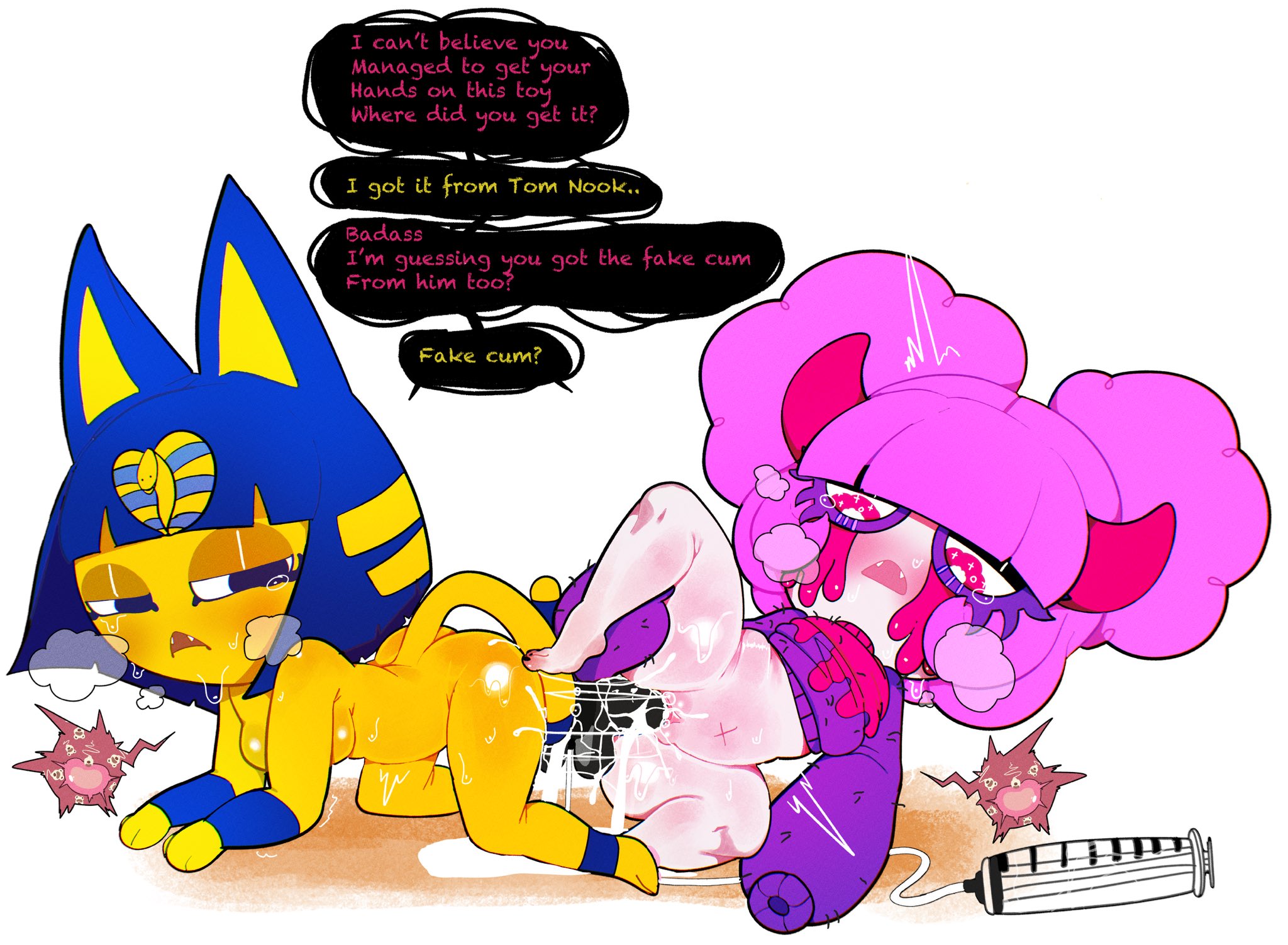 2girls, animal crossing, ankha, chocovania (character), crossover, cum in pussy, female, goth, goth girl, impregnation, meweeze, nintendo, original, original character, pink eyes, pink hair, pussy, thick ass, thick thighs