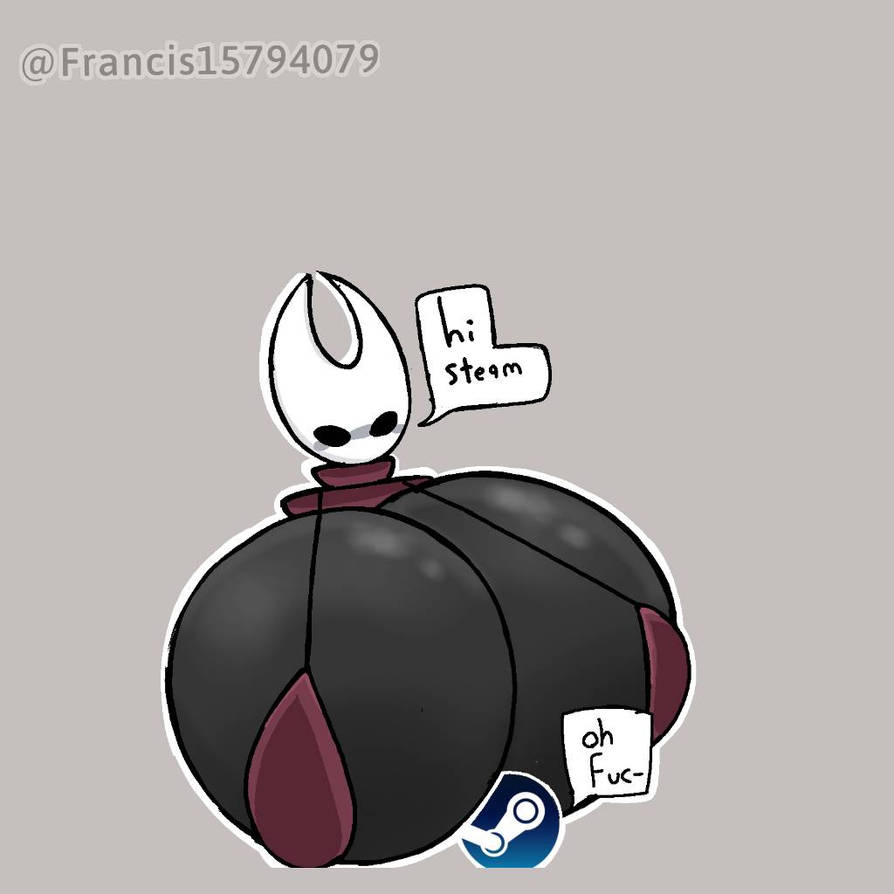across, appendages, atmosphere, background, below, bubble, bulky, cartoon-style, center, close-fitting, clothing, collarless, color, comical, creature, dark, depth, details, digital, directly, drawing, dressed, elevated, emphasized, expression, form-fitting, garment, giving, gray, gray/black, hidden, hollow knight, hollow knight: silksong, hornet (hollow knight), humanoid, humorous, image, impression, knight, large, leaning, light, lighting, logo, looking, outfit, overall, pale, partially, perspective, pinkish-red, plain, playful, pointed, positioned, present, quadrant, reminiscent, round, seen, shade, similar-colored, small, speech, steam, style, stylized, suit, tight-fitting, toward, underneath, viewer