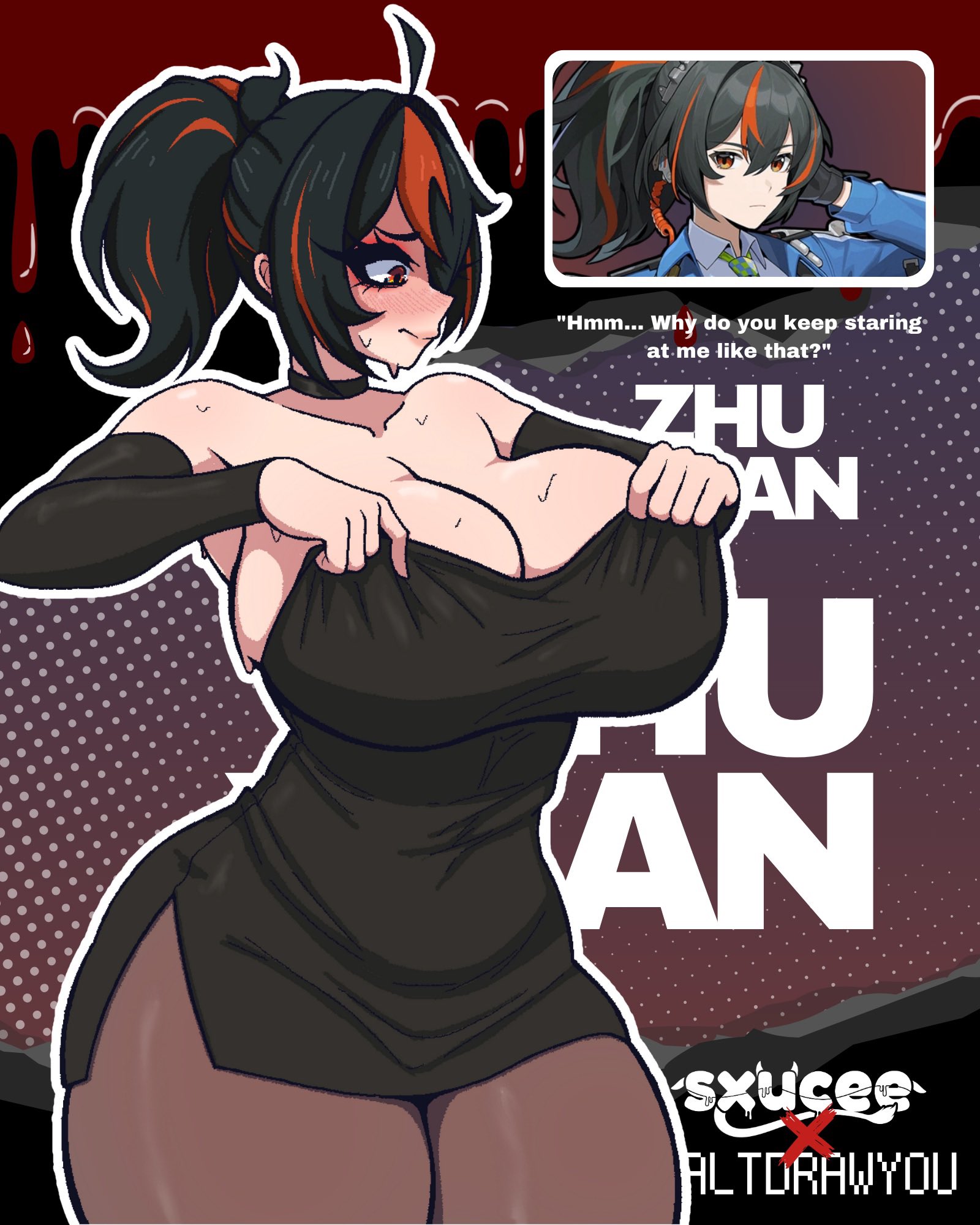 1girls, ahoge, bare shoulders, black choker, black dress, black hair, black sleeves, blush, breasts, brown pantyhose, choker, cleavage, closed mouth, clothes lift, collarbone, commentary, commission, curvy, curvy female, curvy hips, detached sleeves, dress, dress lift, english commentary, english text, eyelashes, female, female only, highres, huge breasts, inconvenient boobs, inconvenient breasts, lifting own clothes, looking at own breasts, looking down, looking down at breasts, looking down at self, multicolored hair, narrow waist, pantyhose, ponytail, red eyes, red streaks, saltdrawyou, second-party source, side slit, slightly chubby, slightly chubby female, solo focus, straining clothing, strapless, strapless dress, streaked hair, struggling to fit, sweat, thick thighs, thighs, tight clothes, tight clothing, tight dress, two-tone hair, undersized clothes, undersized clothing, very sweaty, wardrobe malfunction, wide hipped female, wide hips, zenless zone zero, zhu yuan