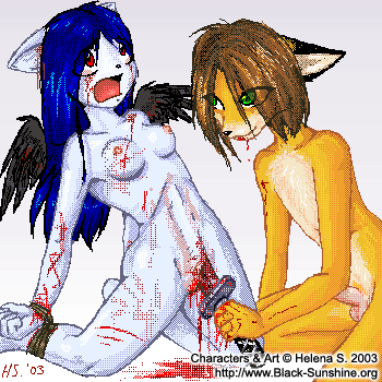 2003 acid_(helena_soderberg) anthro beige_fur black_nose bleeding blood blood_stain bloody_sword blue_hair bound brown_hair canine color female fox fur furry furry_ears gore green_eyes guro hair helena_soderberg incision injury insertion interspecies kneeling long_hair male nude oekaki open_eyes open_mouth orange_fur pain penis pointy_ears puncture red_blood red_eyes short_hair snuff straight_hair sword sword_in_vagina violence weapon wings wound