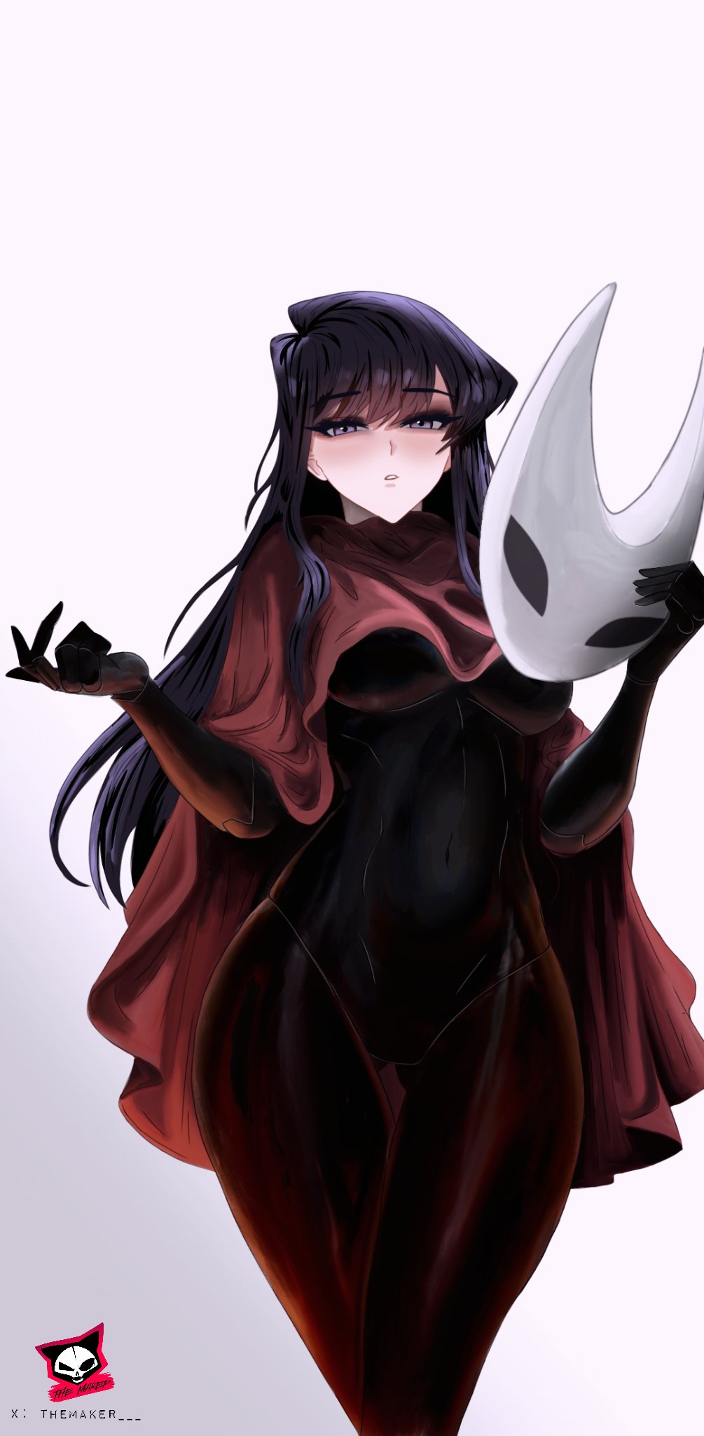 1girls, black bodysuit, blush, bodysuit, breasts, cape, closed mouth, crossed legs, dot mouth, female, female only, hair between eyes, highres, hollow knight, hornet (hollow knight), komi shouko, komi-san wa komyushou desu, long hair, looking at viewer, makeup, medium breasts, purple eyes, purple hair, red cape, standing, themaker, v-shaped eyebrows, white mask, wide hips