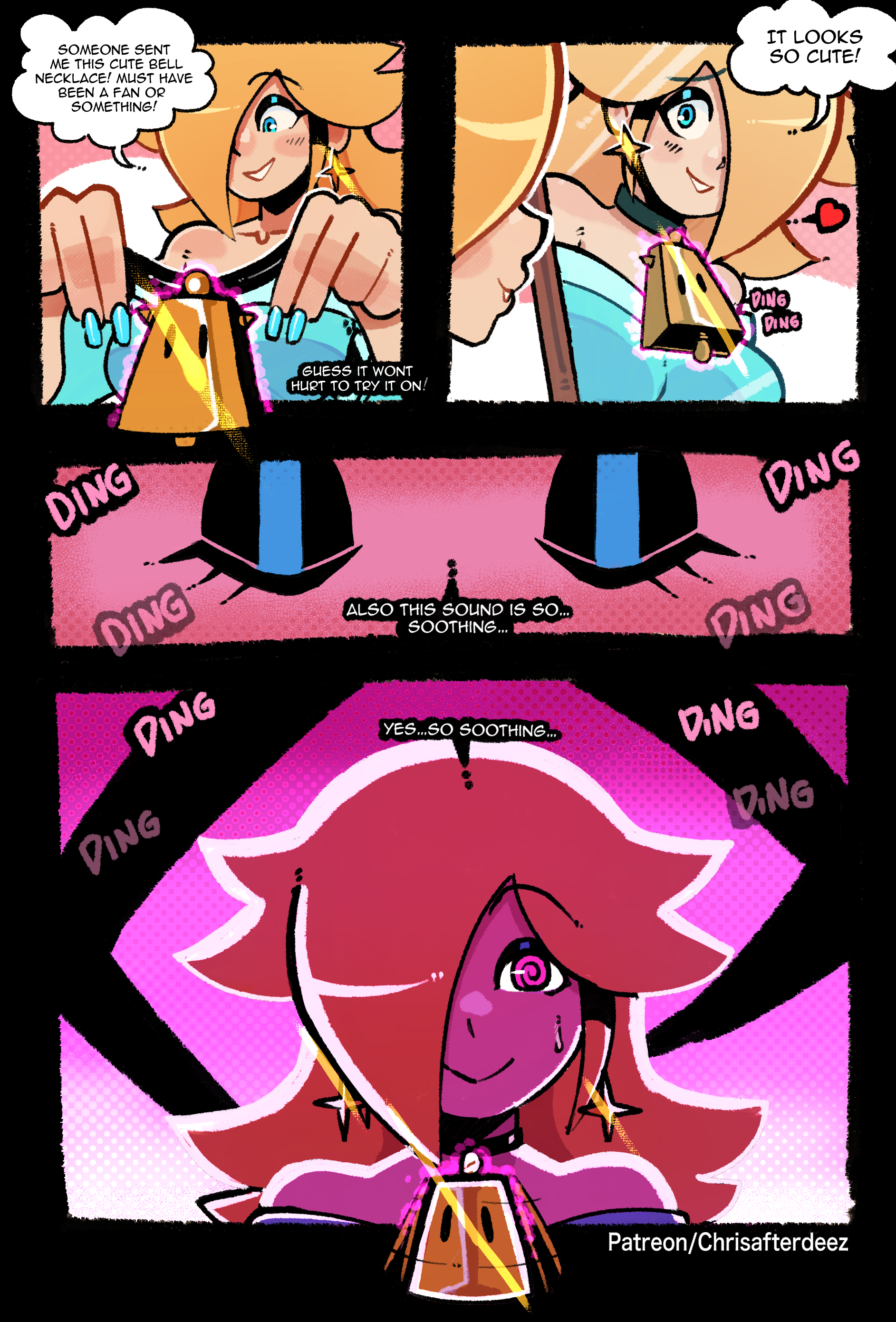 1girls, animal ears, blonde hair, breasts, cow bell, cow ears, cow girl, dialogue, female, hair over one eye, hypnosis, mario (series), mind control, nintendo, princess rosalina, ripped clothing, solo, super mario bros., super mario galaxy, tail, text, thegreyzen, thehornyzen, transformation