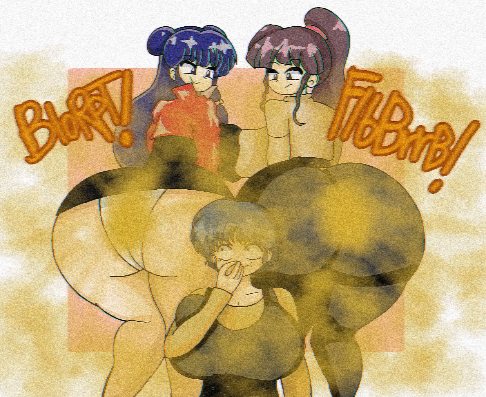 3girls, akane tendo, ass, ass focus, big breasts, black hair, breasts, clothing, facefart, facefarting, fart, fart fetish, farting in face, farting on another, female, female only, gassy, large breasts, panties, ranma 1/2, red hair, shampoo (ranma 1/2), stinky, thick ass, thick thighs, ukyo kuonji, yuri, zaemonbrap