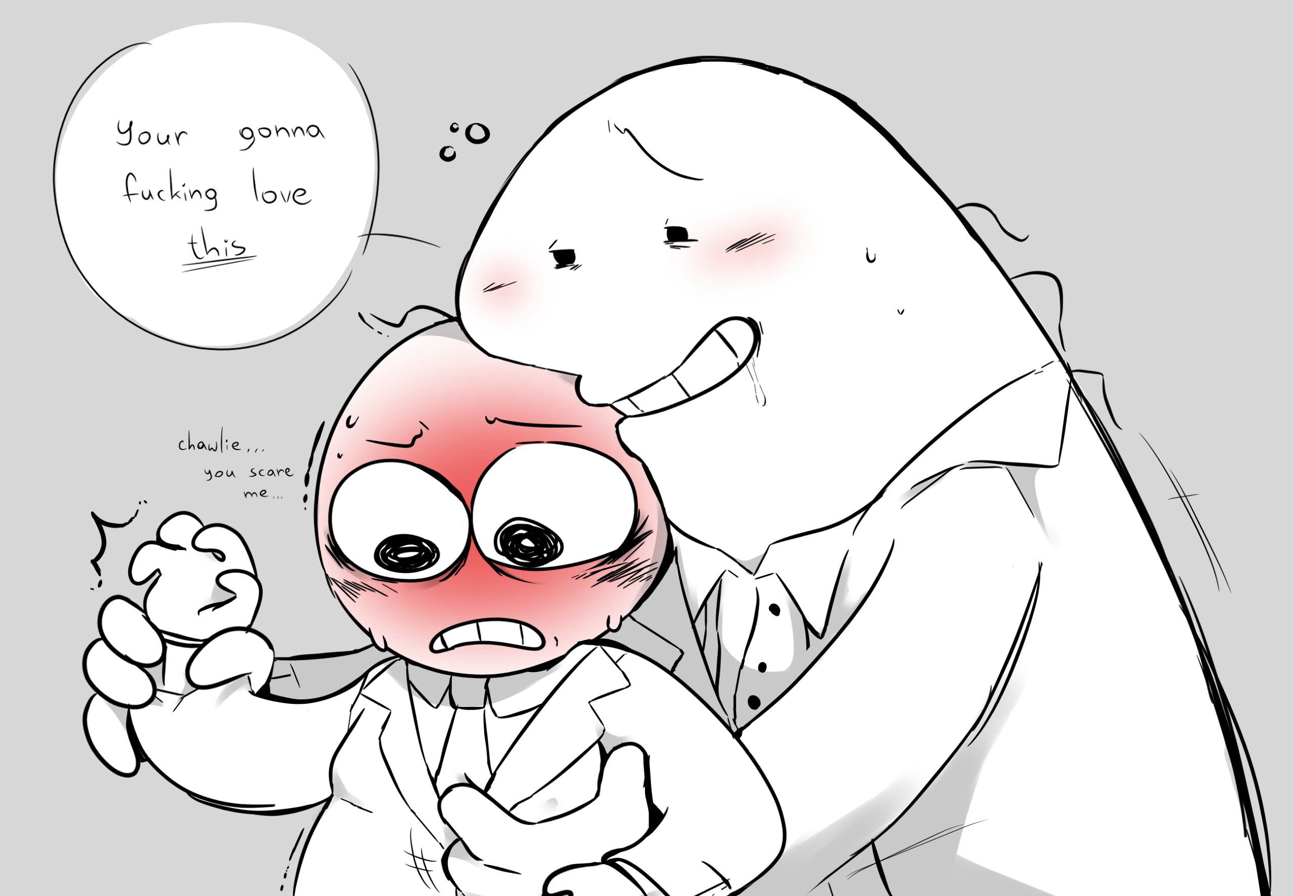 2boys, black and white, blush, blushing, breasts, charlie (smiling friends), charlie dompler, costume, drunk, english text, fat male, groping, groping breasts, groping from behind, gynecomastia, harassment, heavy blush, height difference, homunculus, imminent rape, male, male only, nonconsensual, pim (smiling friends), pim pimling, pink, scared, scared expression, scared face, smiling friends, suit, uncomfortable, yaoi, yellow body