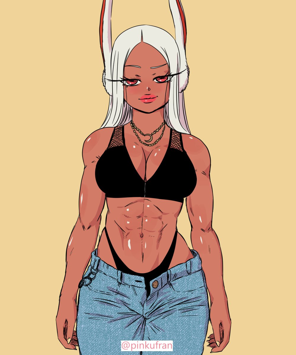 1girls abs big_breasts black_thong black_topwear bottomwear breasts bunny_ears cleavage denim denim_bottomwear denim_clothing denim_jeans female female_only huge_breasts jeans lips long_hair looking_at_viewer miruko my_hero_academia necklace neckwear pants pants_down pinkufran red_eyes rumi_usagiyama solo solo_female thick_lips thong topwear whale_tail white_hair