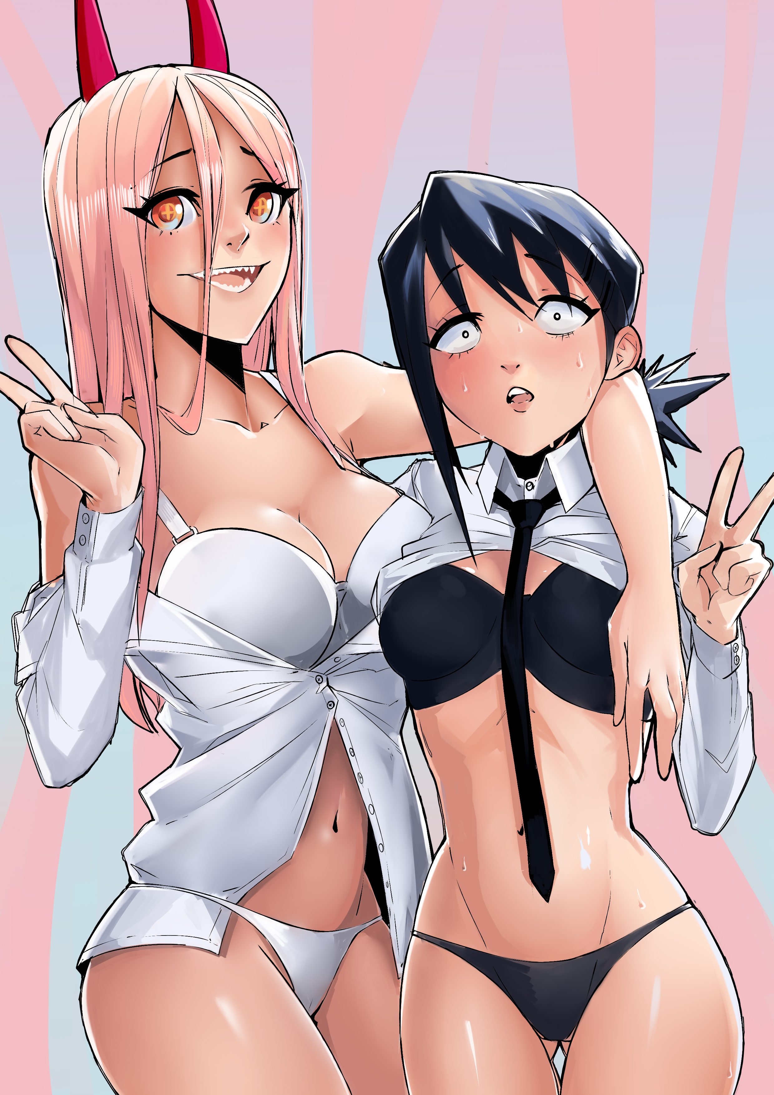2girls, black hair, blonde hair, bra, breasts, chainsaw man, demon, demon girl, duendesoide, eye contact, female, female only, higashiyama kobeni, horns, long hair, looking at viewer, panties, peace sign, power (chainsaw man), sharp teeth, short hair, standing, thick thighs