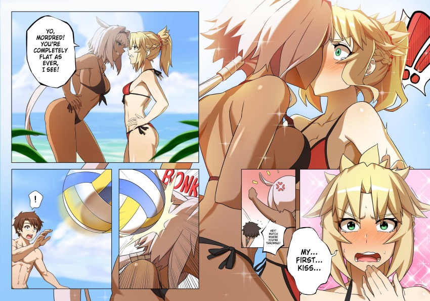 1boy 2girls accidental_circumstance accidental_kiss accidental_yuri anger_vein angry ball beach bikini black_bikini blonde_hair blue_eyes blush breast_shaming brown_hair caenis_(fate) calling_flat chocolate_and_vanilla comic dark-skinned_female dark_skin dialogue english english_text fate/grand_order fate_(series) female female_focus first_kiss flustered fujimaru_ritsuka_(male) green_eyes hard_translated high_ponytail hit_by_ball hit_in_the_head hyperbudd kissing male mocking mordred_(fate) mordred_(fate/apocrypha) mordred_(swimsuit_rider) multiple_girls outdoors panels ponytail red_bikini seaside small_breast_humiliation small_breasts speech_bubble swimsuit text translated volleyball white_hair yuri