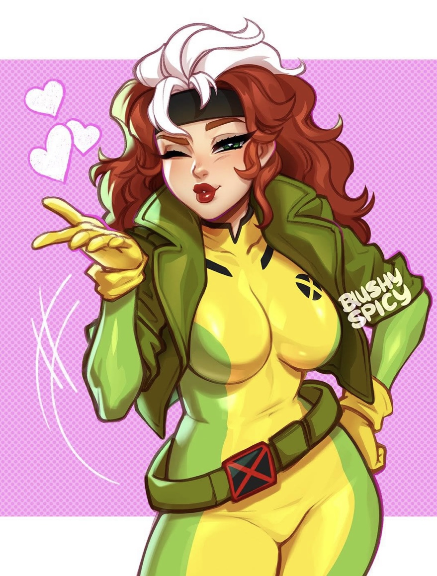 anna marie, belt, big breasts, blinking, blush, blushypixy, blushyspicy, breasts, female, green hair, heart, marvel, marvel comics, red hair, red lipstick, rogue (x-men), white hair, x-men, yellow clothing