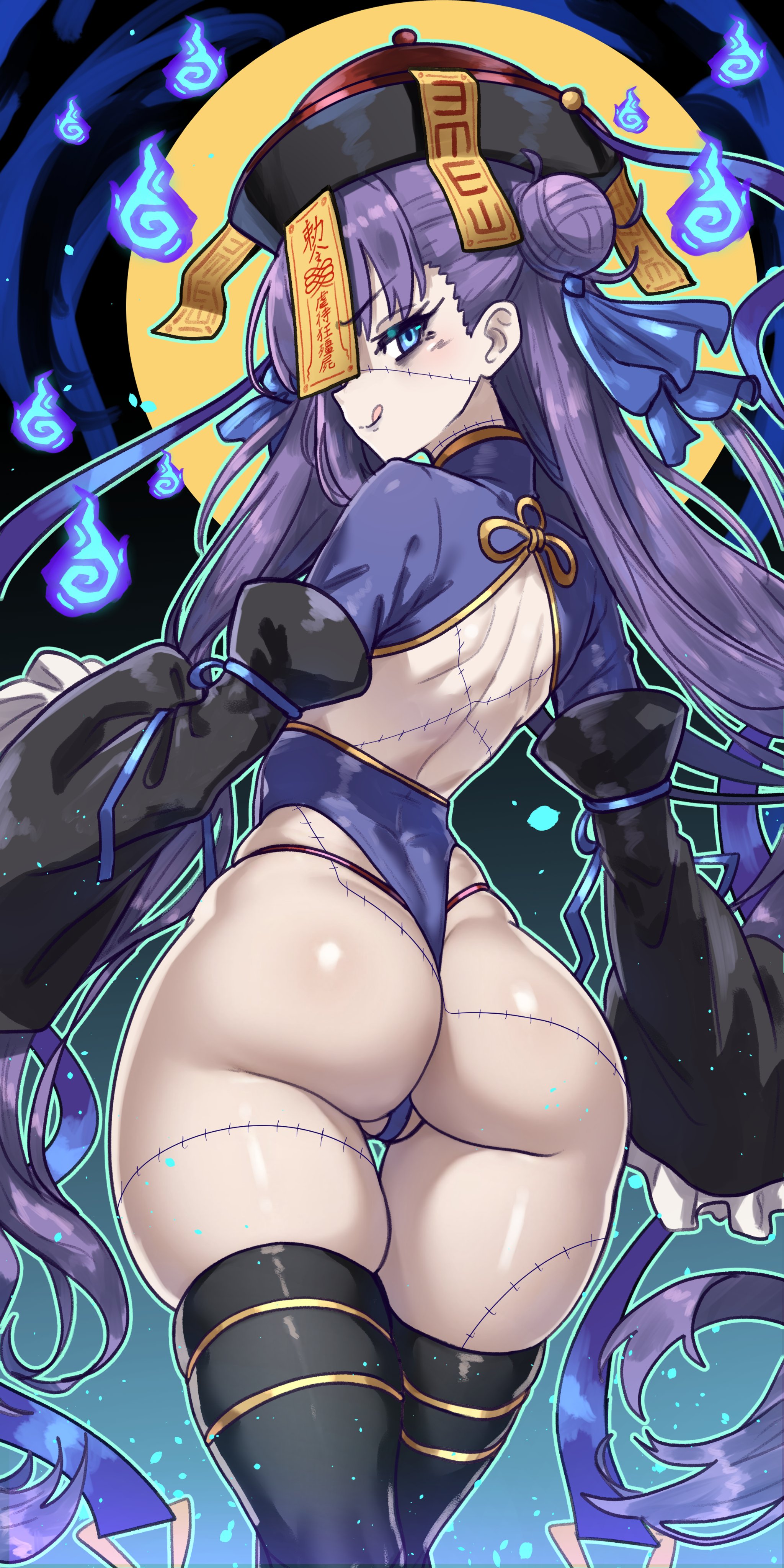 1girls, ass, breasts, bubble ass, bubble butt, ebora, fate (series), fate/grand order, female, halloween, jiangshi, jiangshi costume, large ass, light skin, light-skinned female, long hair, meltryllis, naughty face, partially visible vulva, purple hair, pussy, small breasts, solo, thick thighs, youngmanisdown