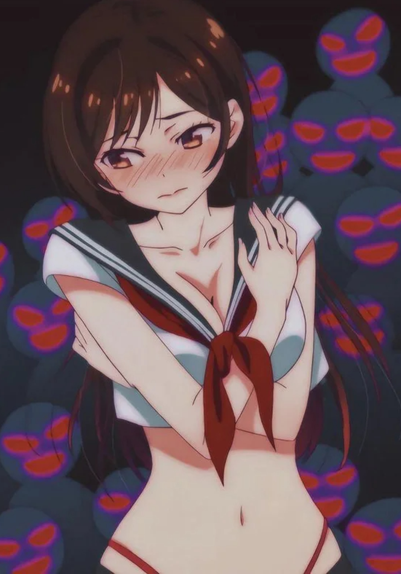 1girls, belly button, blush, blush lines, brown hair, female, hips, kanojo okarishimasu, lips, male, mizuhara chizuru, multiple boys, multiple males, partially clothed, red thong, school uniform, solo focus, worried expression
