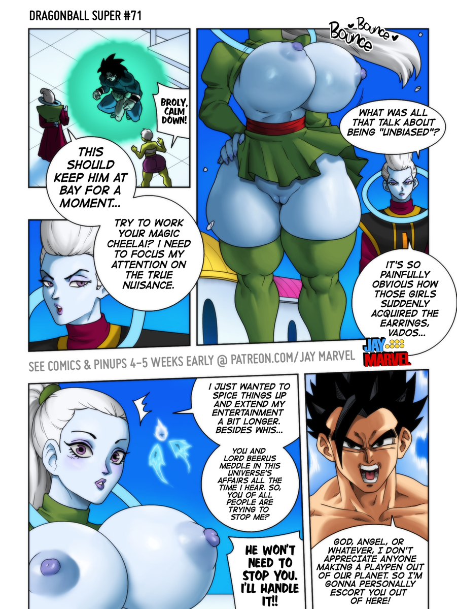 1boy 1boy1girl 1girls 2023 angel angel_(dragon_ball) big_breasts blue-skinned_female blue_skin broly cheelai comic comic_page dialogue dragon_ball dragon_ball_super dragon_ball_z english_text female halo hi_res high_resolution highres huge_breasts jay-marvel large_breasts male male/female massive_breasts page_71 ponytail son_gohan text vados whis