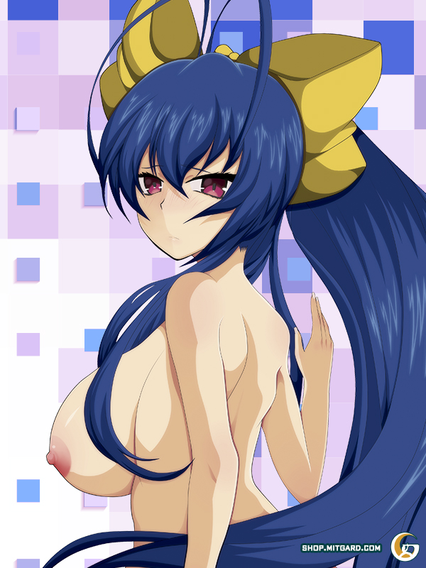 1girls 2d areolae big_breasts blazblue blue_hair breasts completely_naked completely_nude completely_nude_female female female_focus female_only female_solo hairbow highres long_hair long_ponytail looking_at_viewer looking_back mai_natsume mitgard-knight naked naked_female nipples nude nude_female ponytail solo solo_female tagme viewed_from_behind viewed_from_side