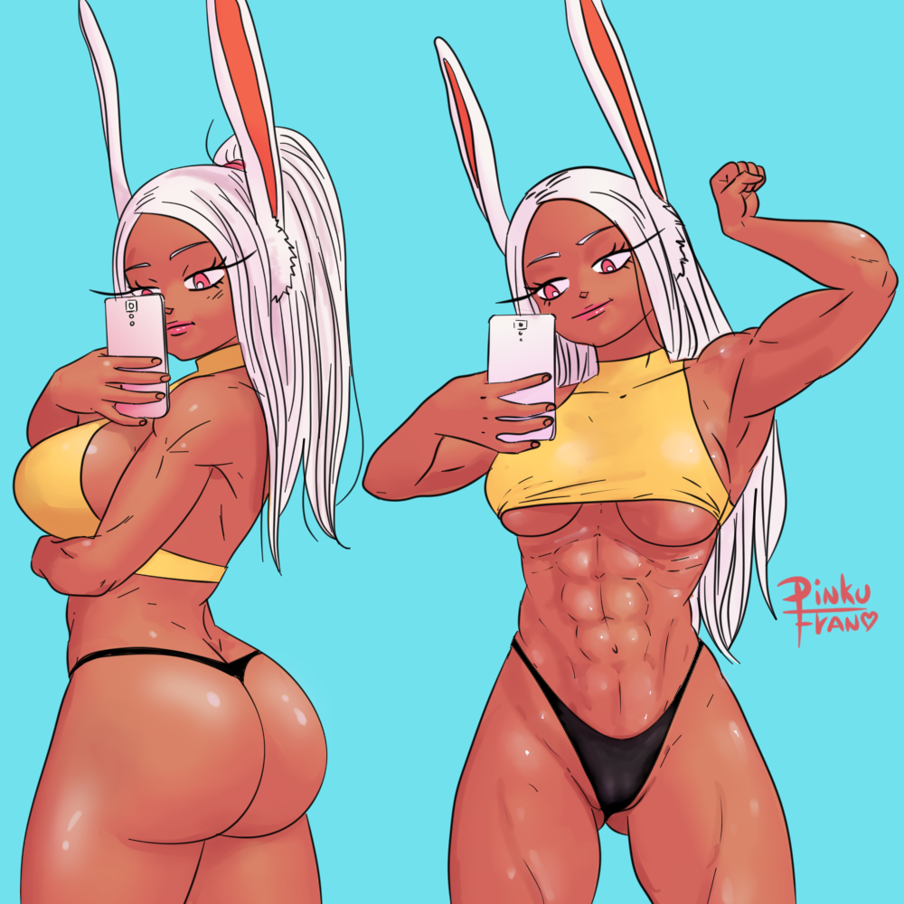 1girls abs ass big_ass big_breasts black_thong bottomwear breasts dat_ass female female_only hair lips long_hair miruko muscles muscular muscular_female my_hero_academia phone pinkufran red_eyes round_ass rumi_usagiyama selfie solo solo_female thick_lips thong topwear underboob white_hair yellow_topwear