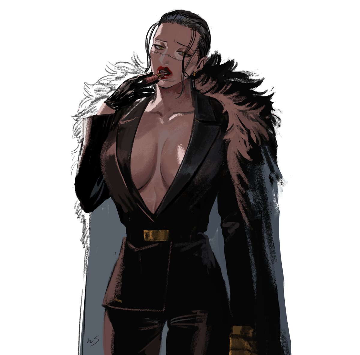 1girls belt big_breasts black_hair black_pants black_suit breasts cape cigar cigarette_in_mouth cleavage collarbone cosmetics crocodile_(one_piece) earrings eyeshadow female female_crocodile female_focus female_only forehead formal fur_cape genderswap_(mtf) green_eyes hair_slicked_back head_tilt holding holding_cigar holding_object hook hook_hand jewelry large_breasts light_skin lipstick looking_at_viewer makeup nisir0 no_bra one_piece only_female pant_suit pants plunging_neckline red_lips red_lipstick rule_63 scar scar_on_face shadow simple_background sir_crocodile solo solo_female solo_focus suit suit_jacket white_background